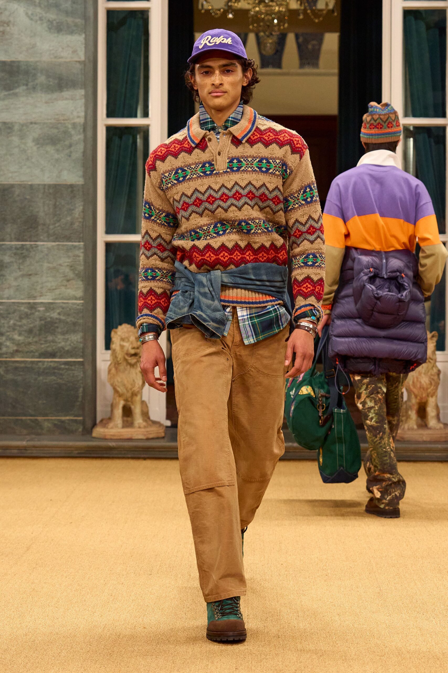 embroidered wool sweater with cargo pants