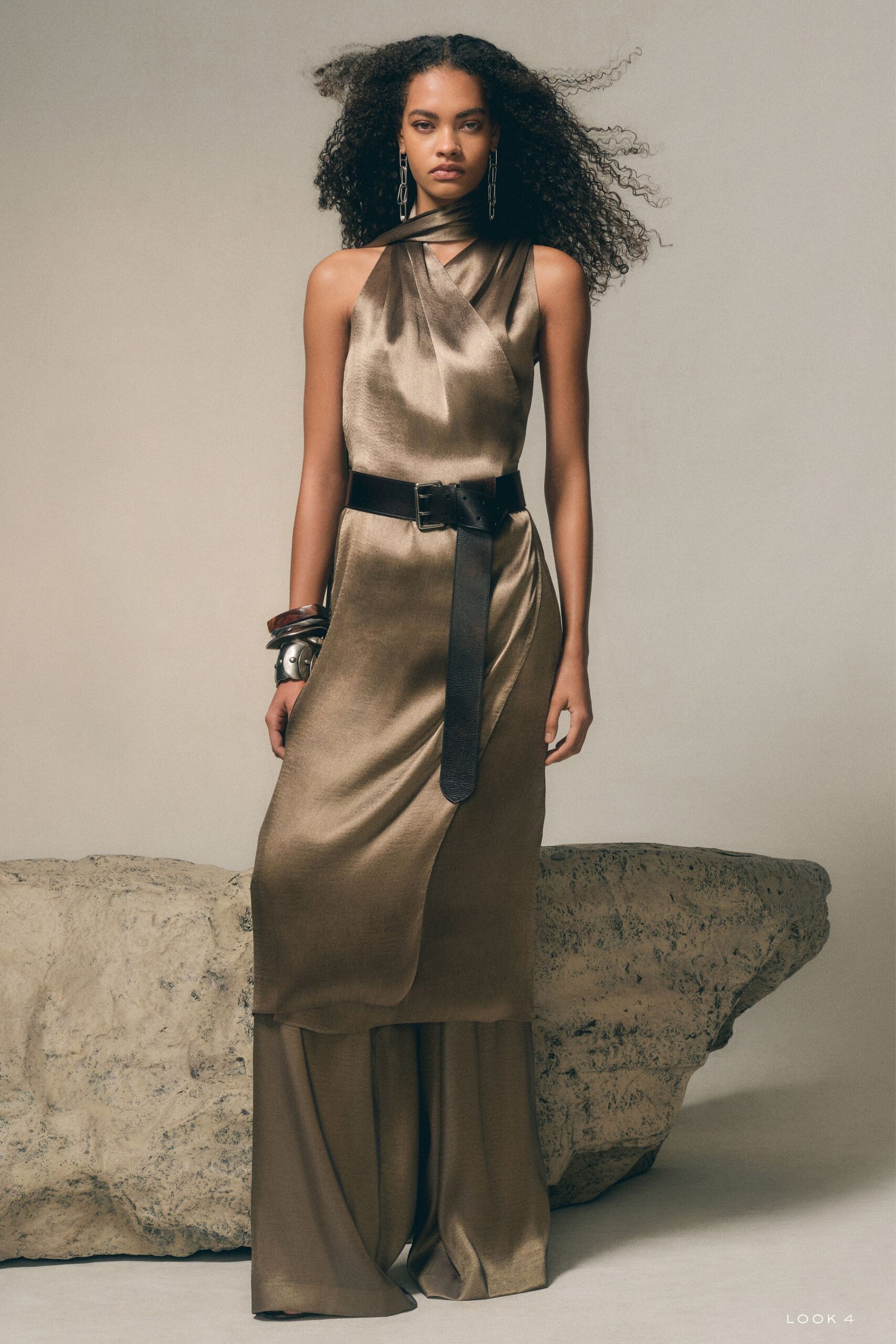 brown silk sleeveless high-neck fitted draped belted dress