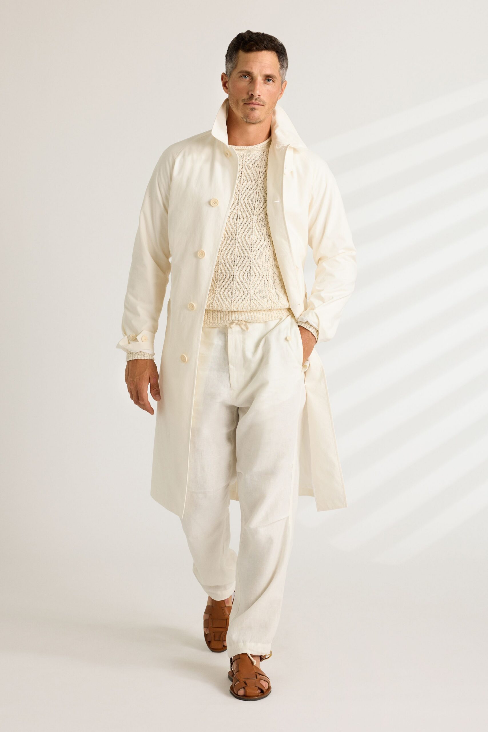white cotton long-sleeve collared relaxed buttoned trench