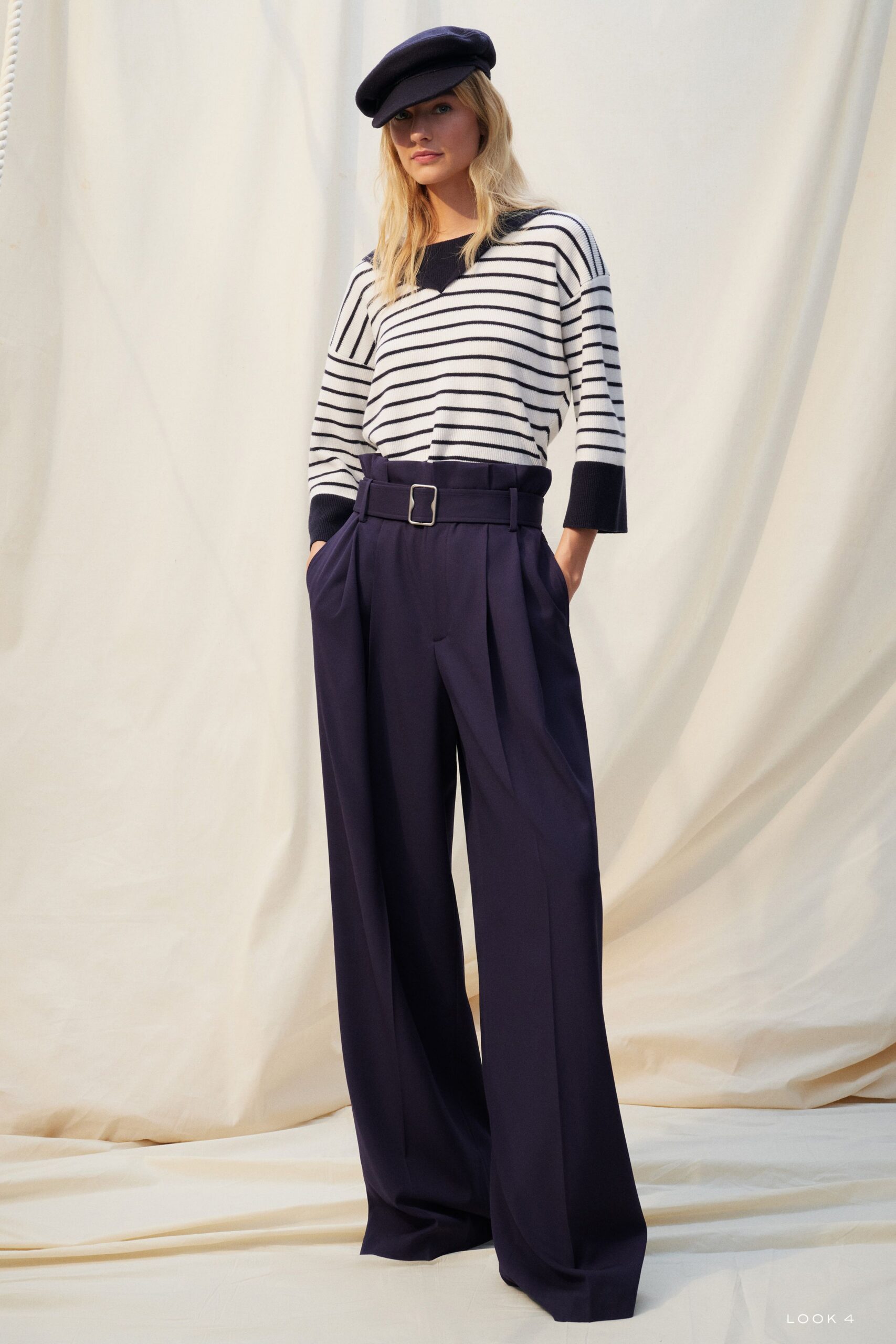 striped top tailored pants hat