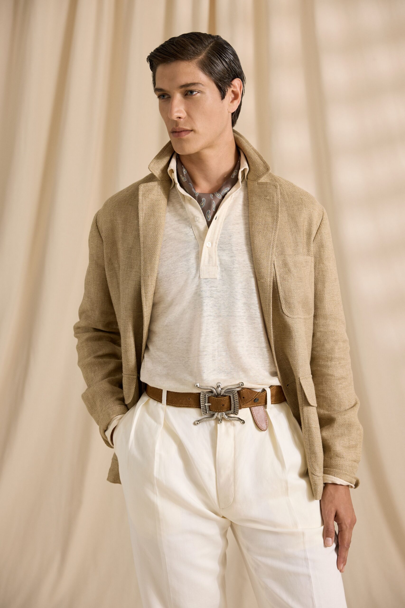 beige linen jacket with white shirt