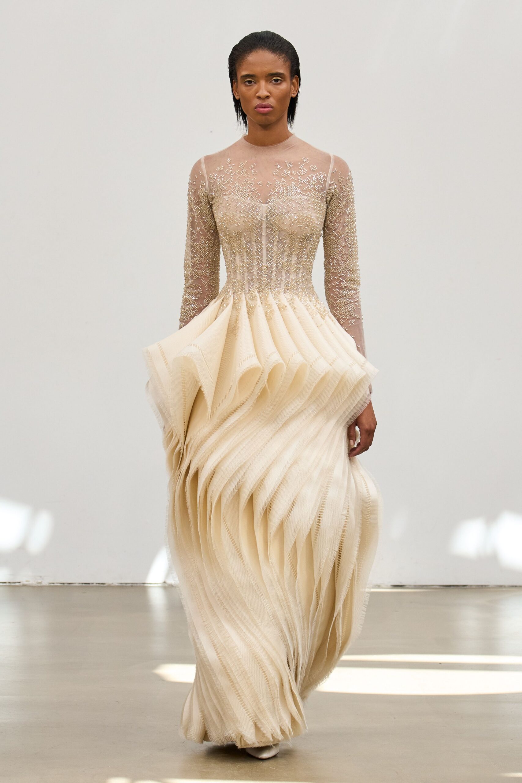 beige silk long-sleeve gown