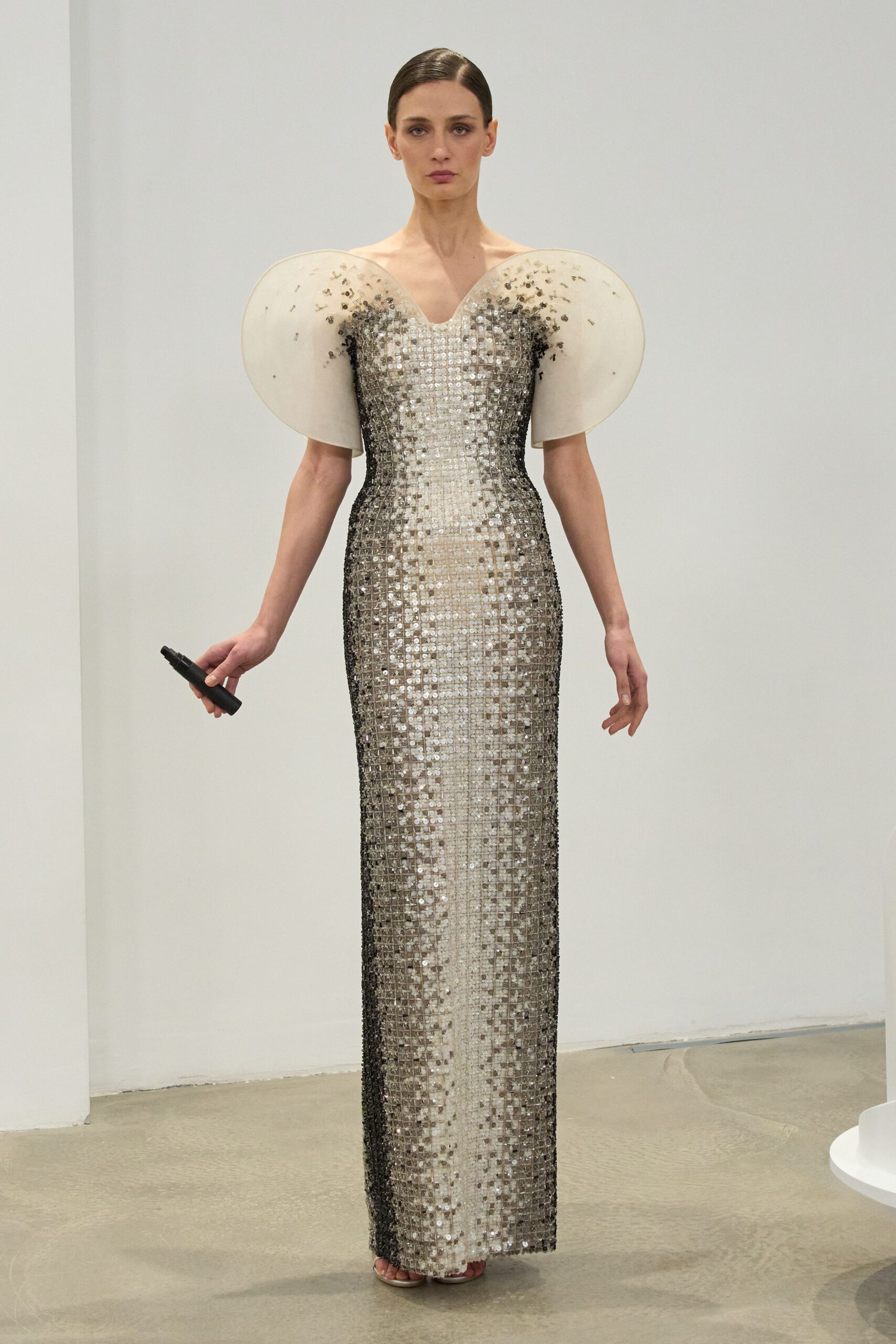 black and white embellished gown