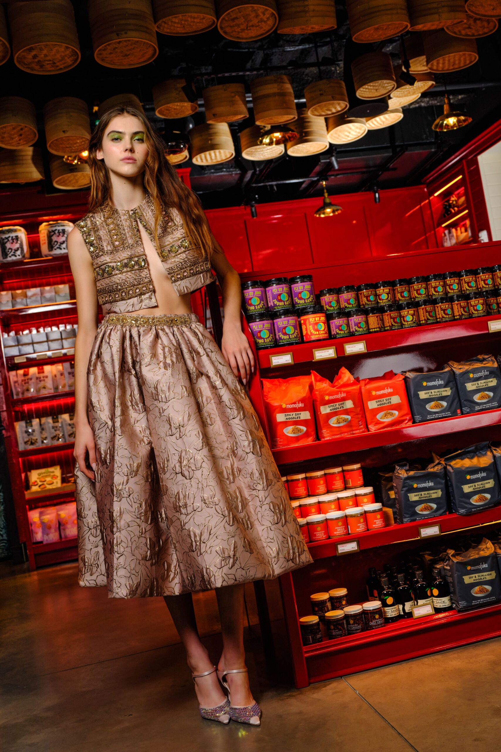 gold beige embroidered midi dress