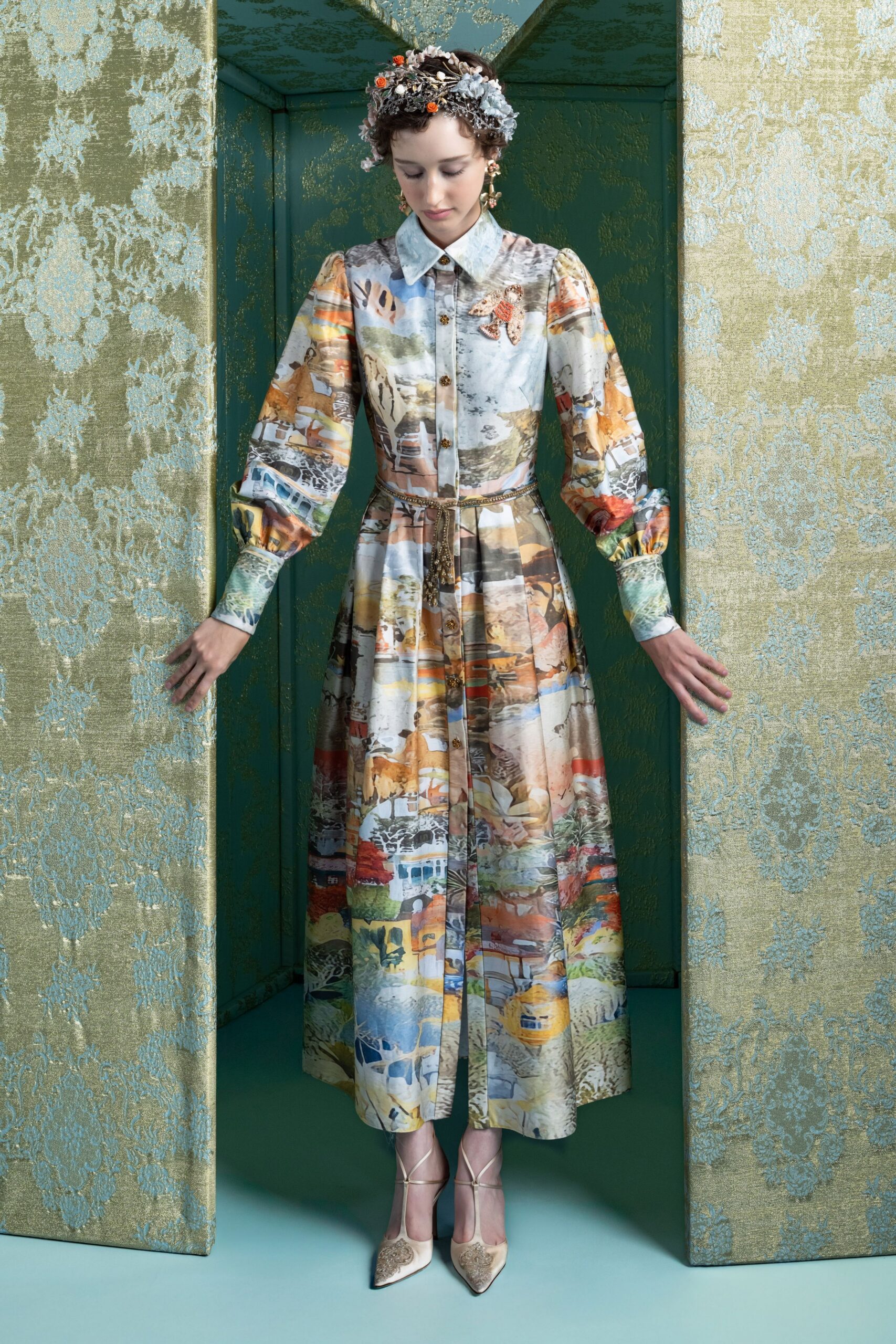 multi silk long-sleeve collared fitted buttoned printed shirt-dress