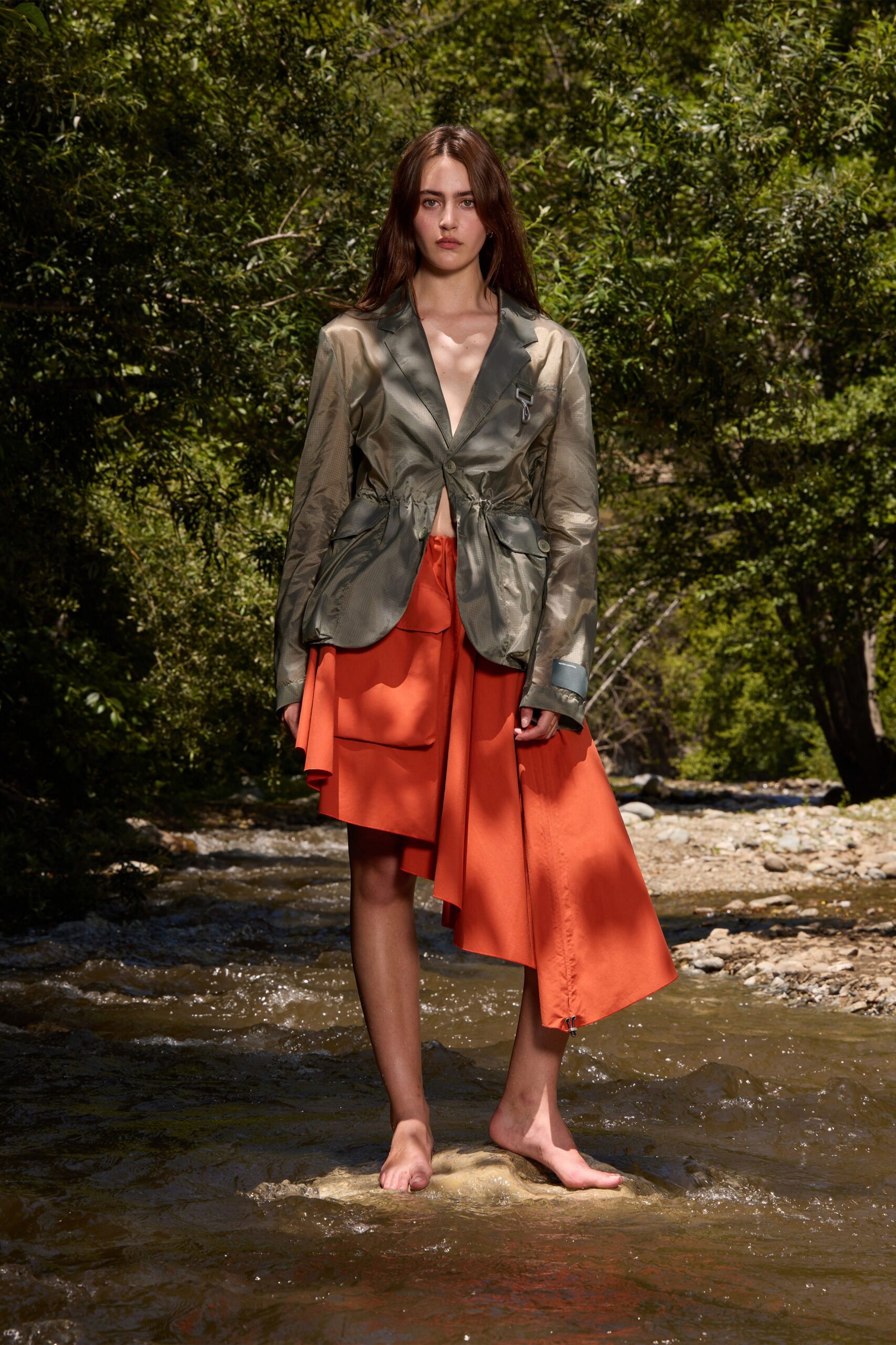 orange silk asymmetric fitted pleated skirt
