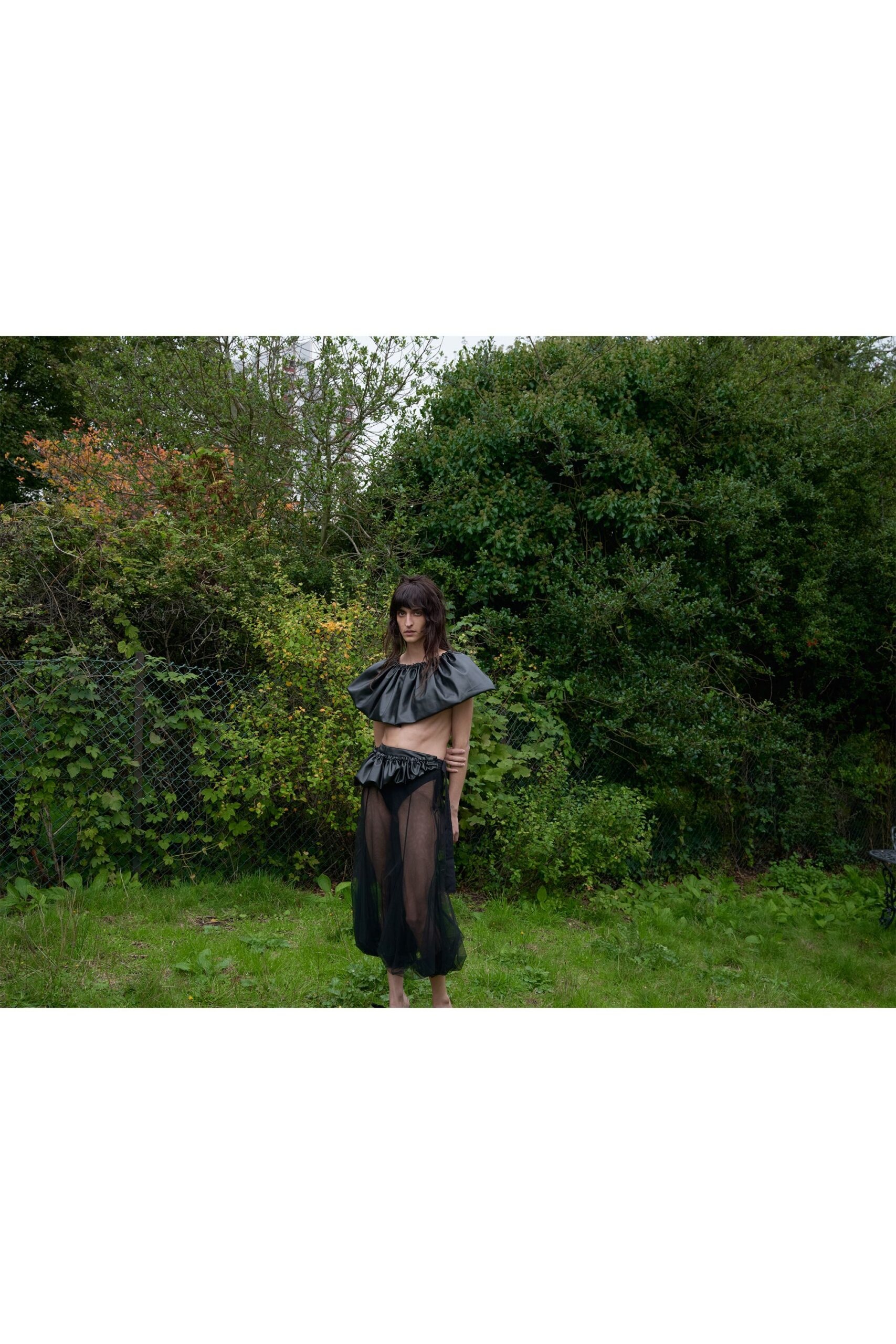 black ruffled sheer midi dress