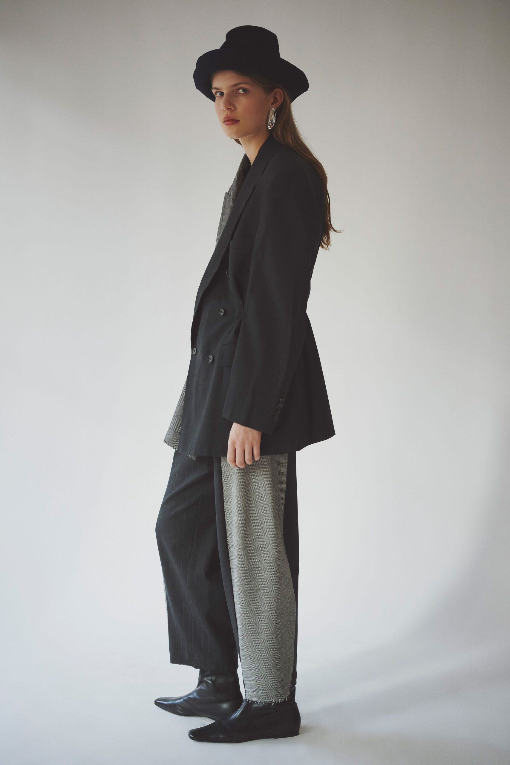 black tailored blazer gray wide-leg pants