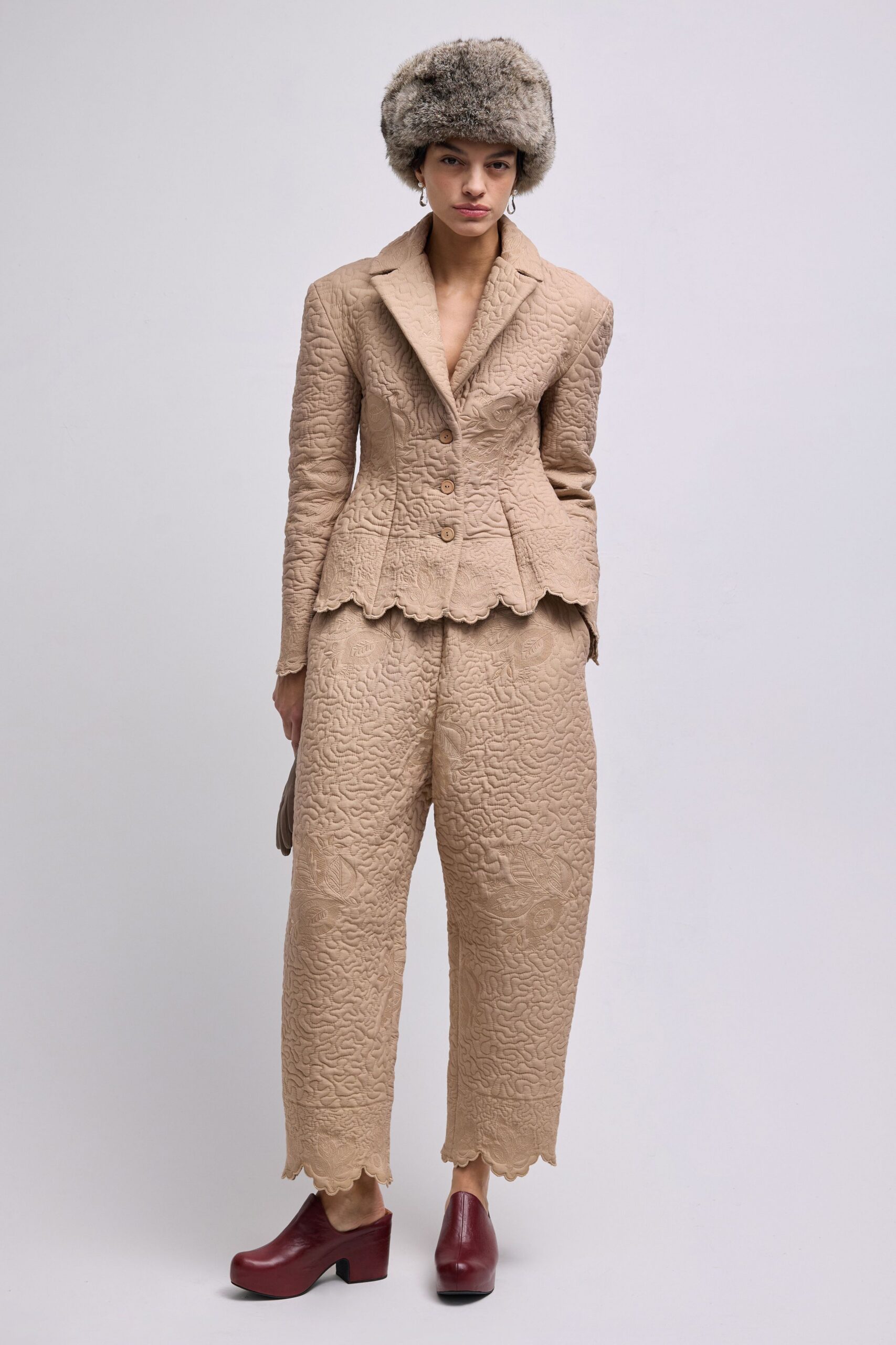 beige cotton long-sleeve collared structured buttoned layered blazer