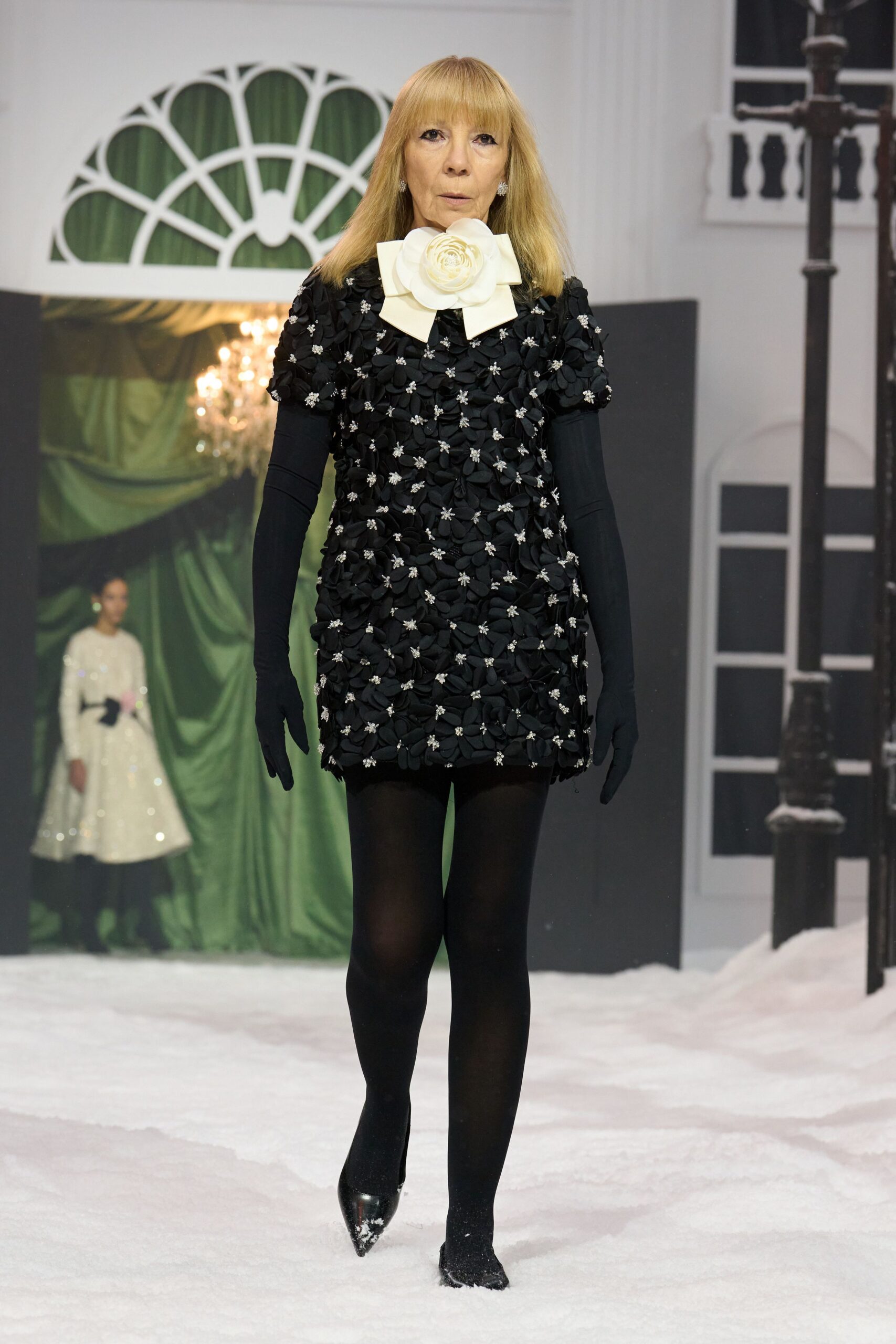 black silk short-sleeve collared fitted ruffled embellished mini-dress