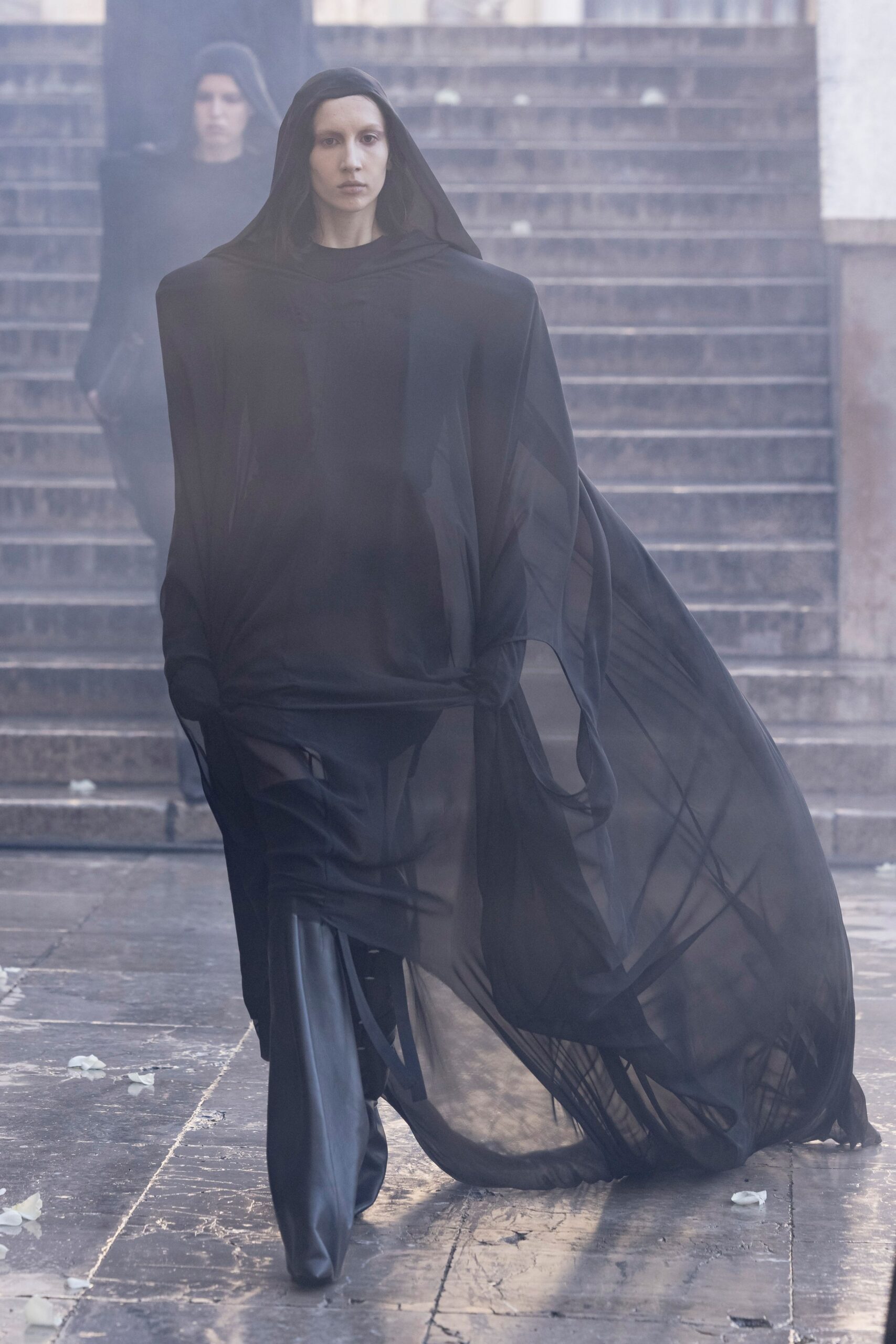 black silk long-sleeve hooded relaxed layered flowing cape