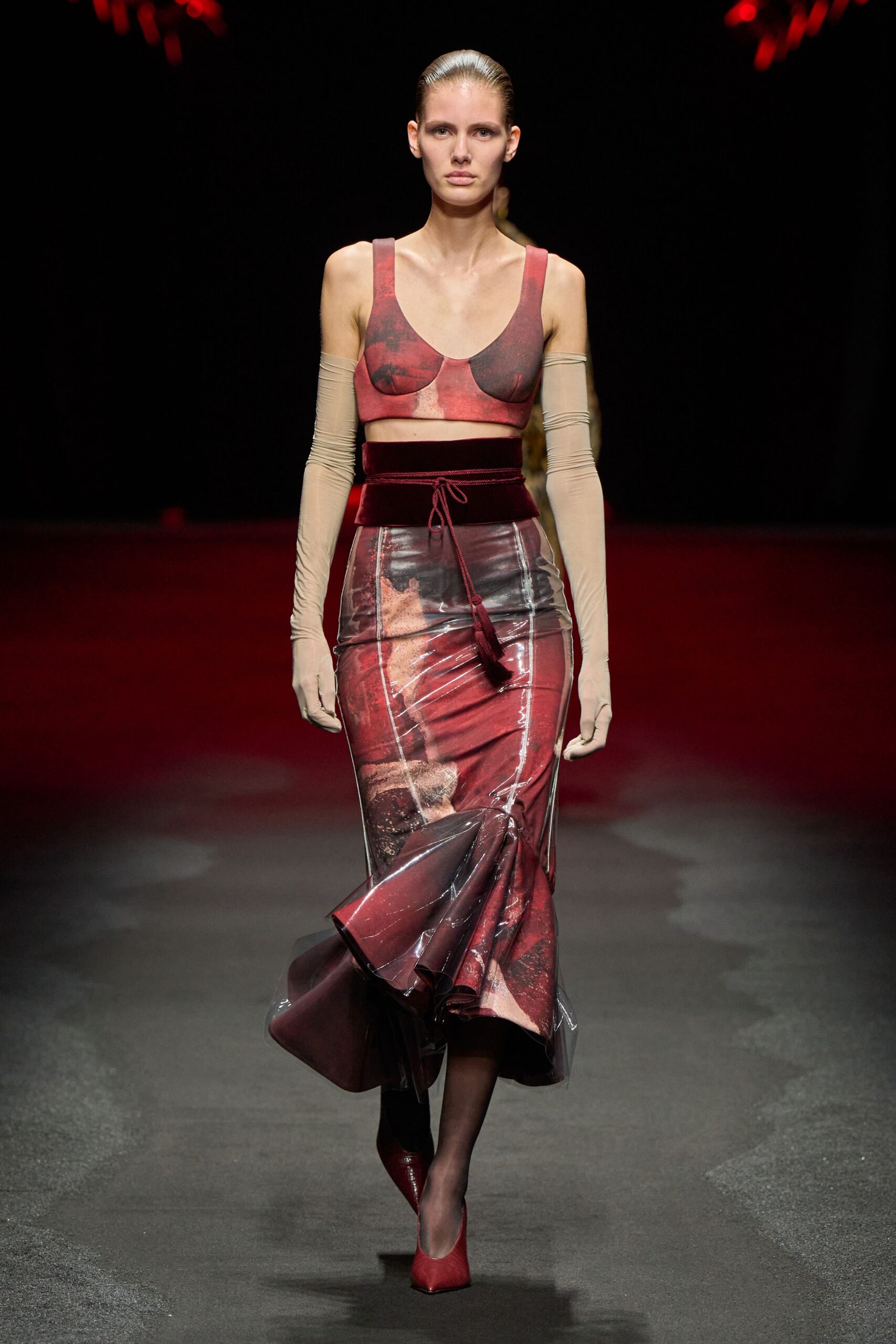red silk fitted high-waisted flared midi skirt