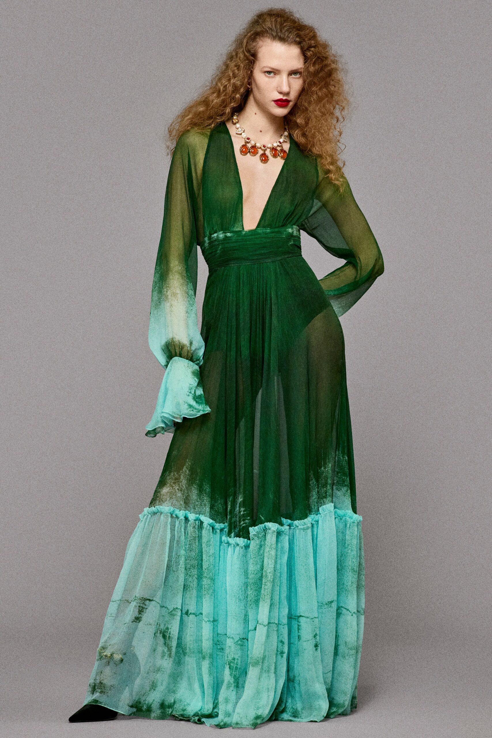 green and blue sheer gown