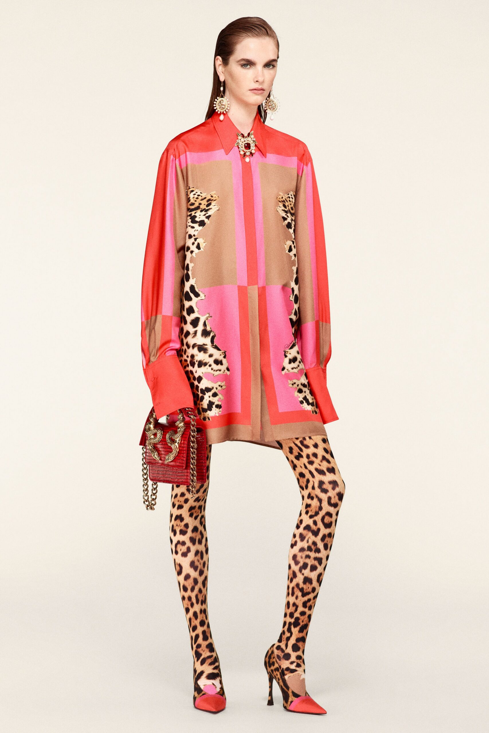 pink silk long-sleeve collared relaxed animal-print color-blocked shirt-dress