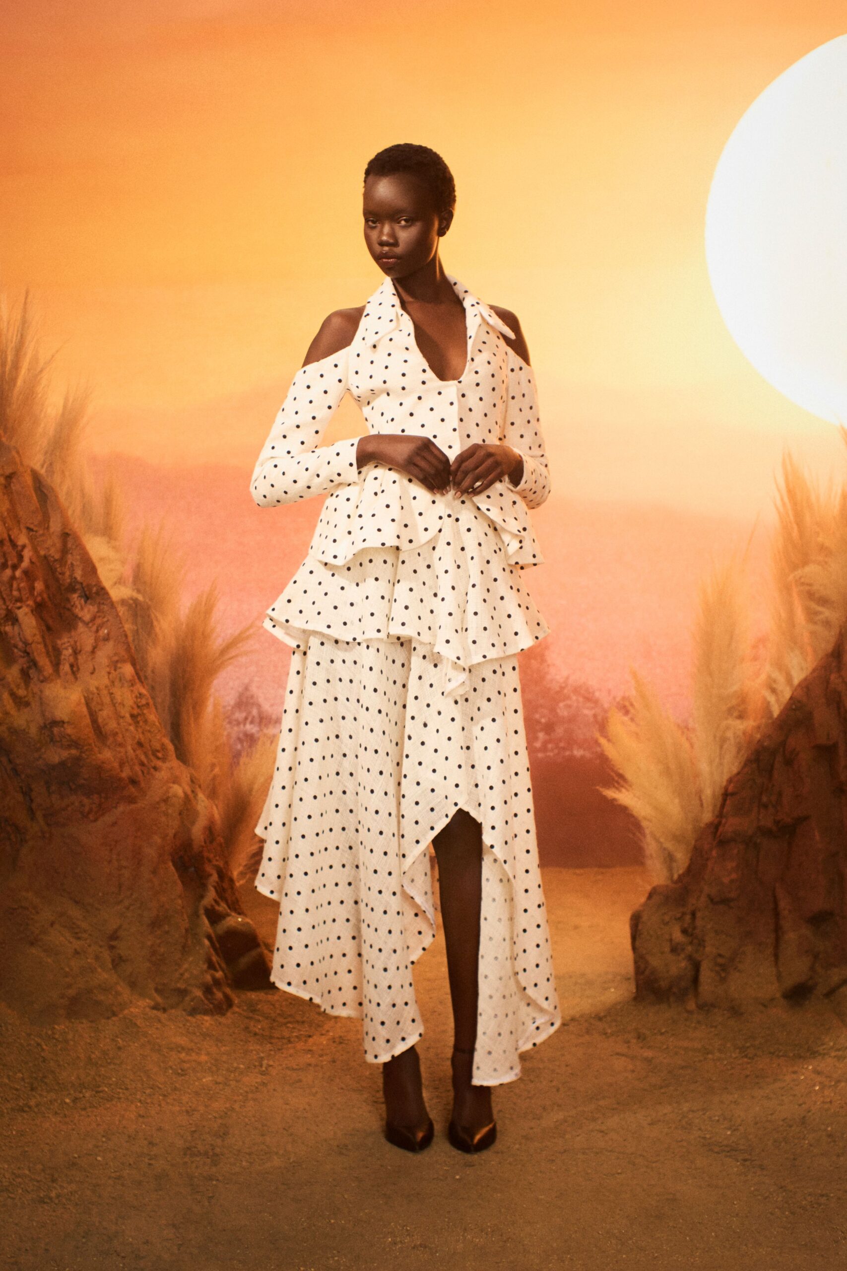 white cotton long-sleeve v-neck fitted polka-dot tiered dress