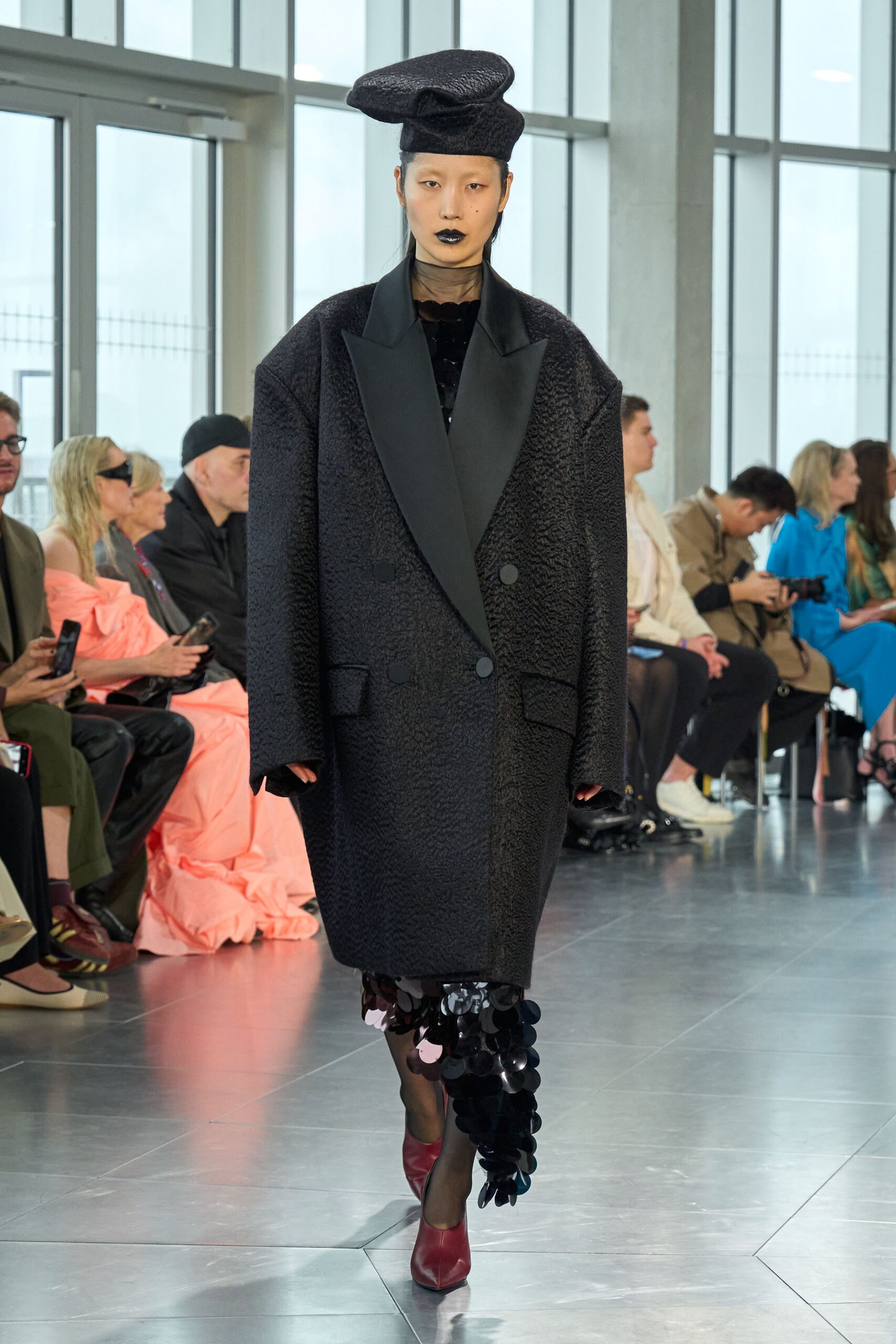 black wool long-sleeve collared oversized textured coat