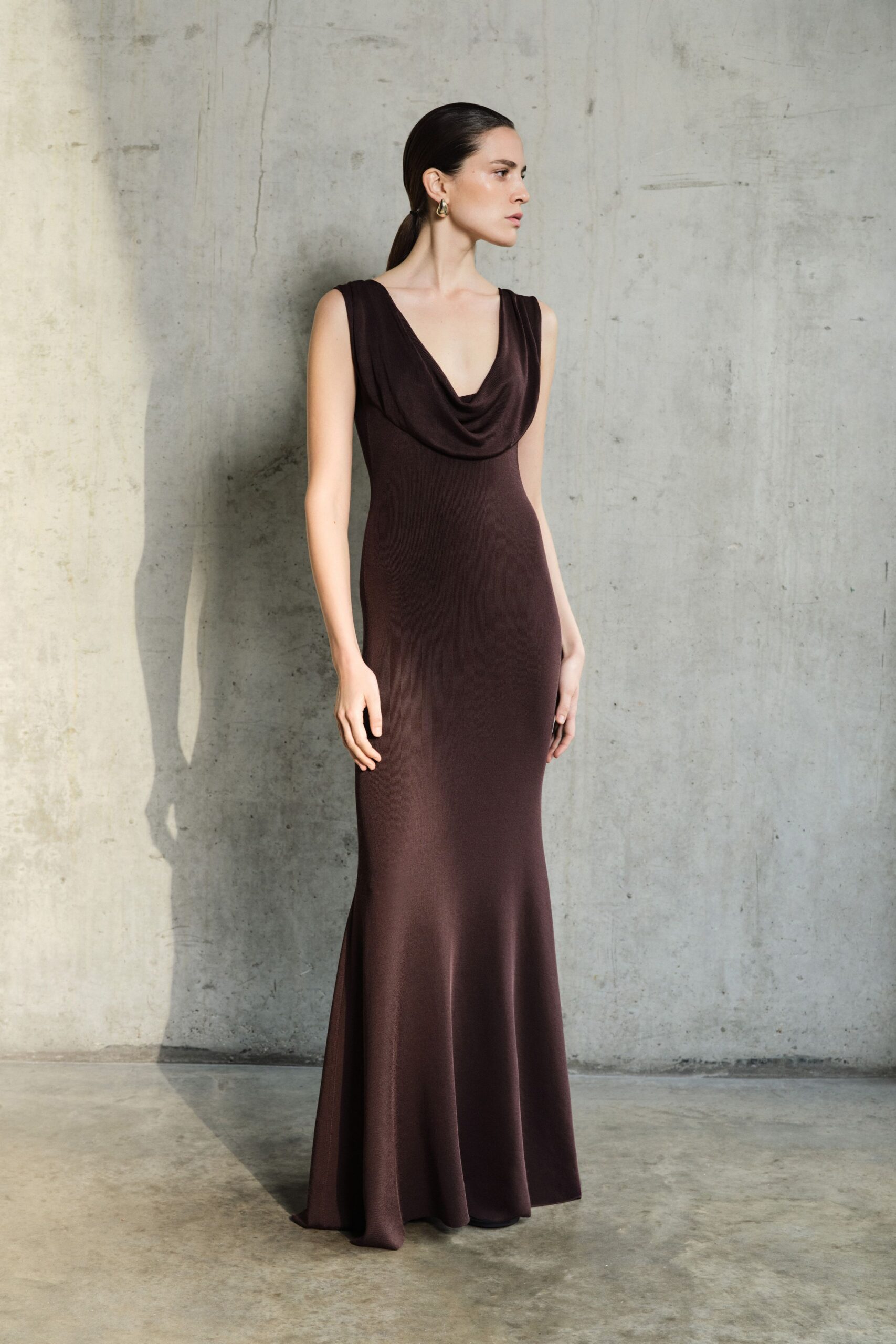 brown fitted sleeveless gown