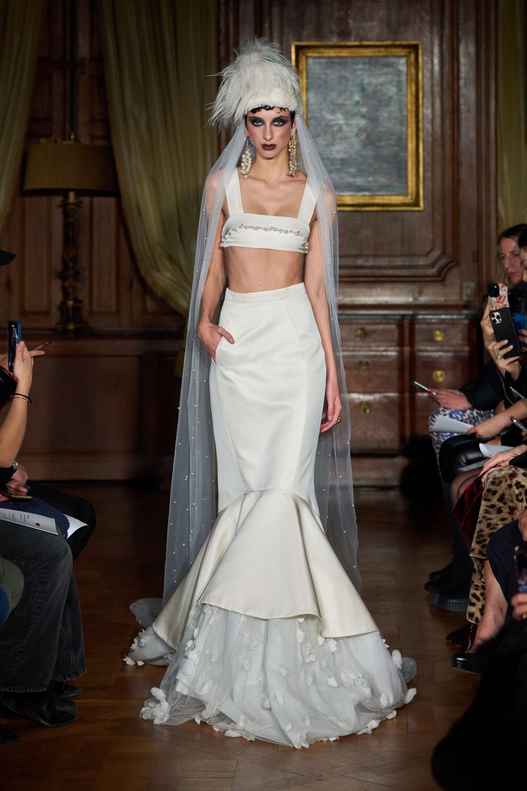 white silk long-sleeve fitted flared maxi skirt