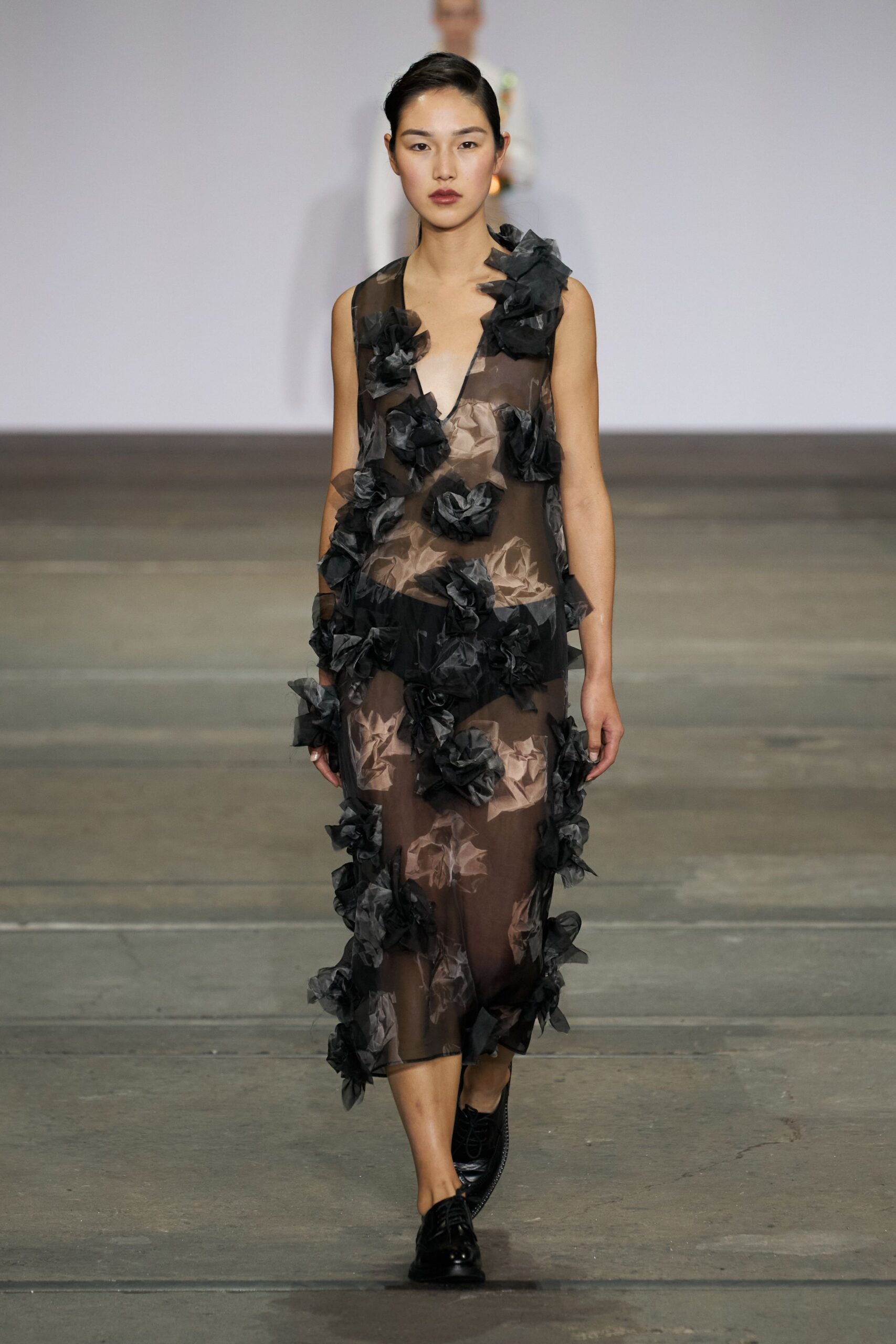 black sheer floral dress and shoes