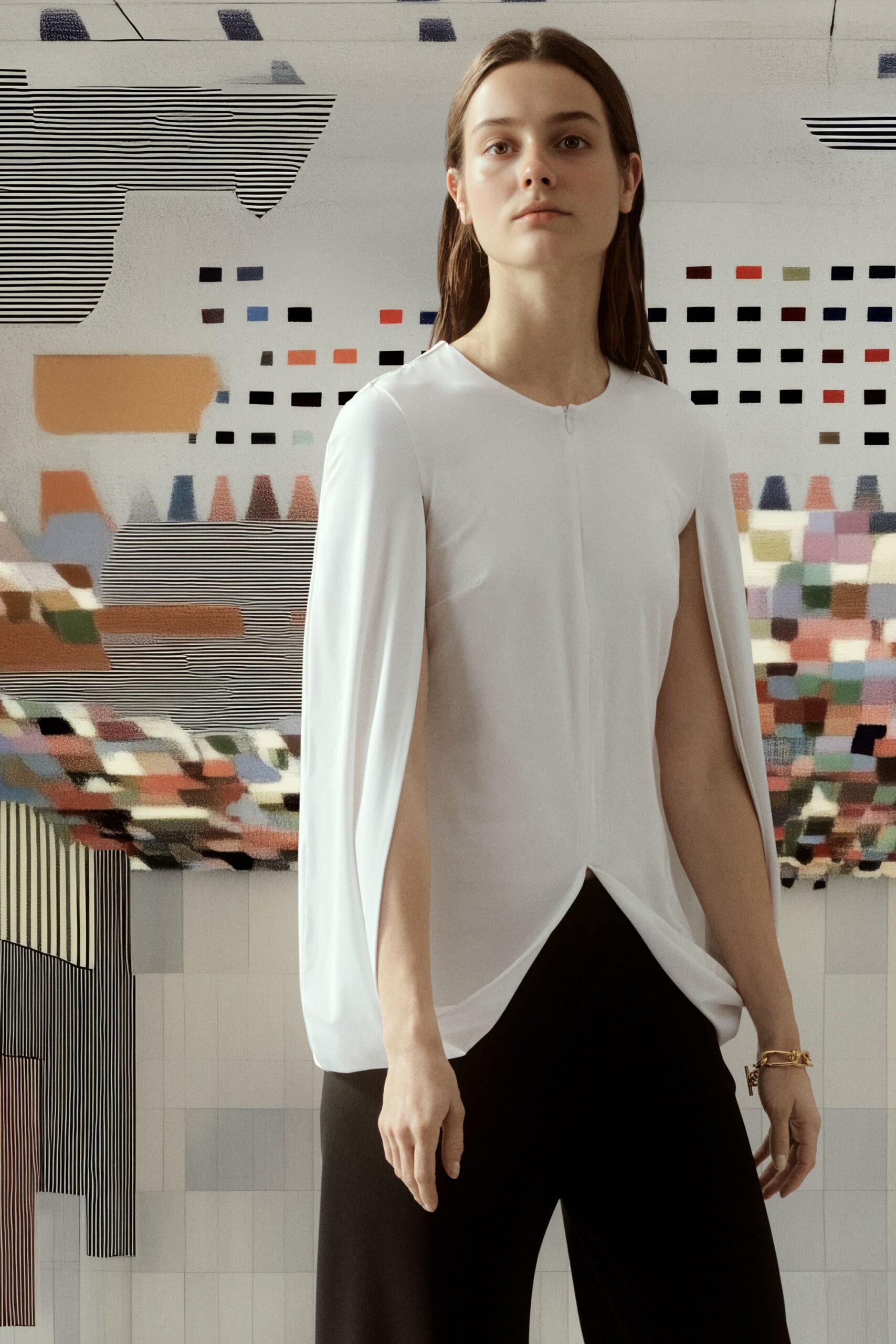 white silk long-sleeve collared fitted draped top