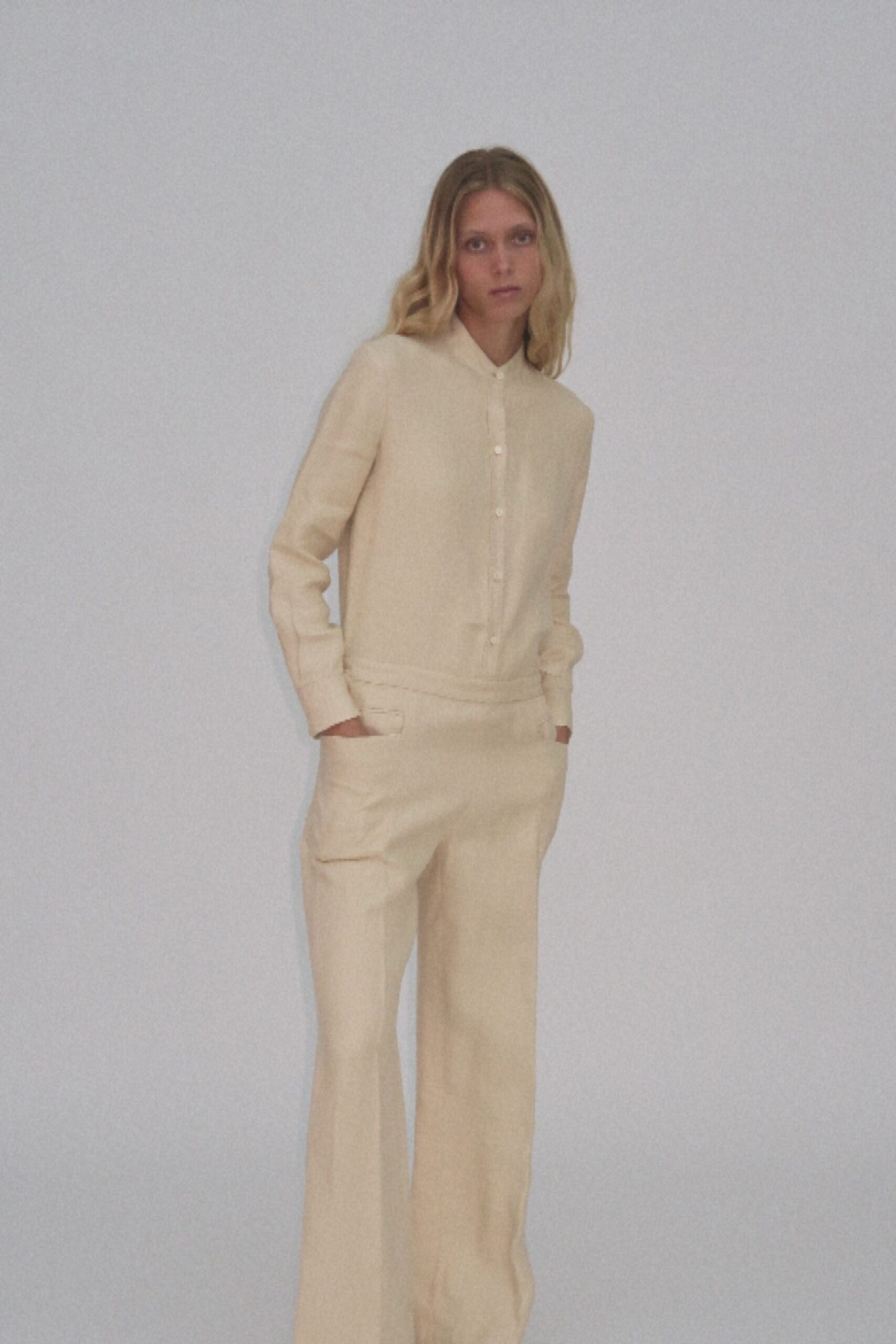 beige linen long-sleeve collared relaxed shirt