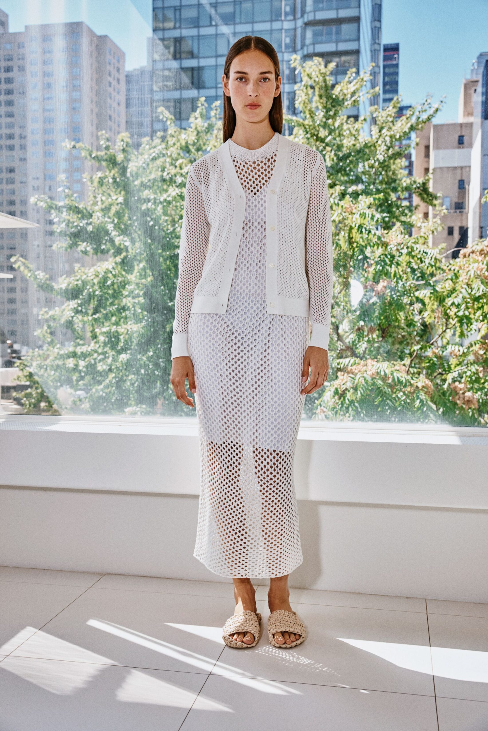 white mesh long-sleeve collared fitted buttoned sheer cardigan