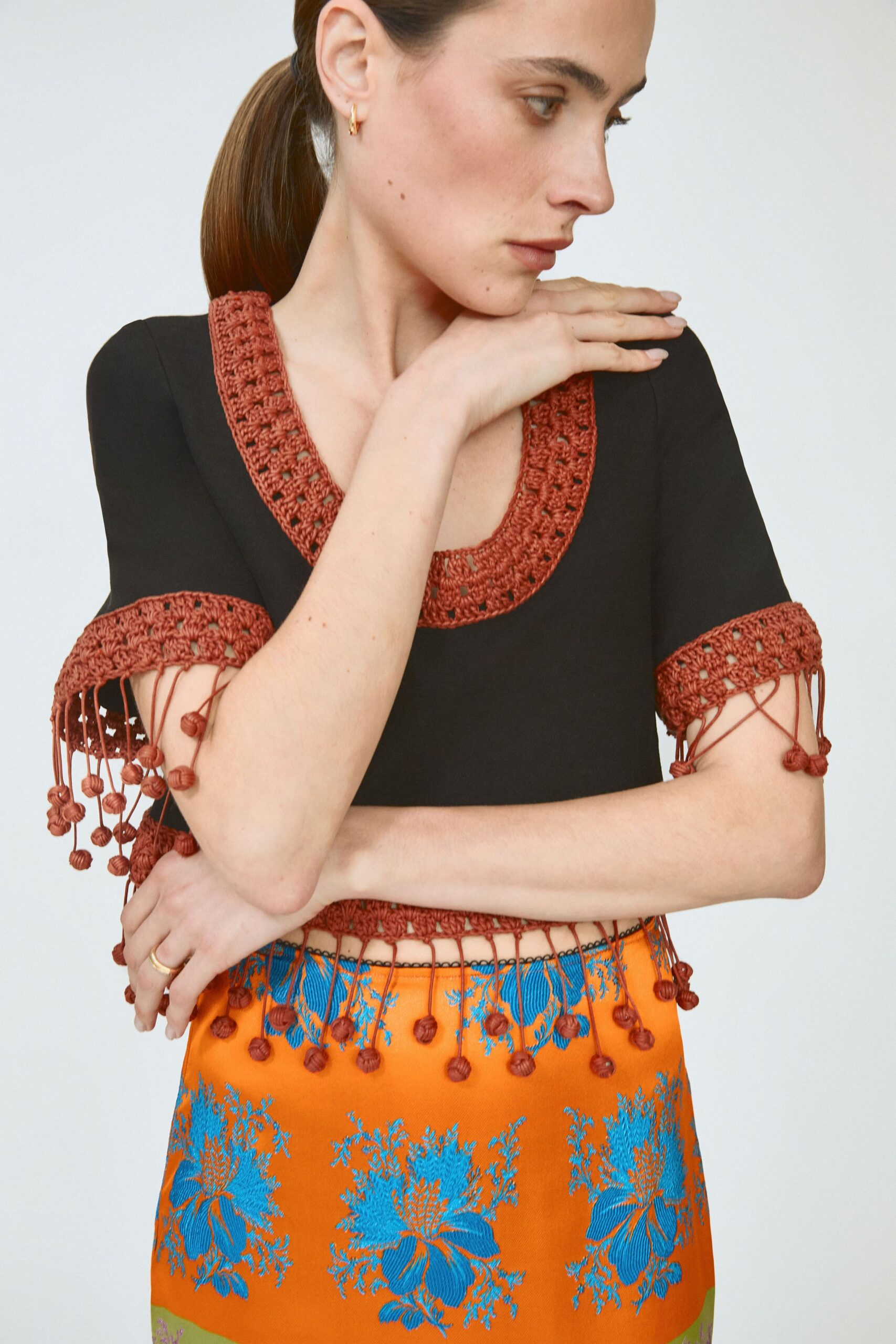 orange cotton fitted printed skirt