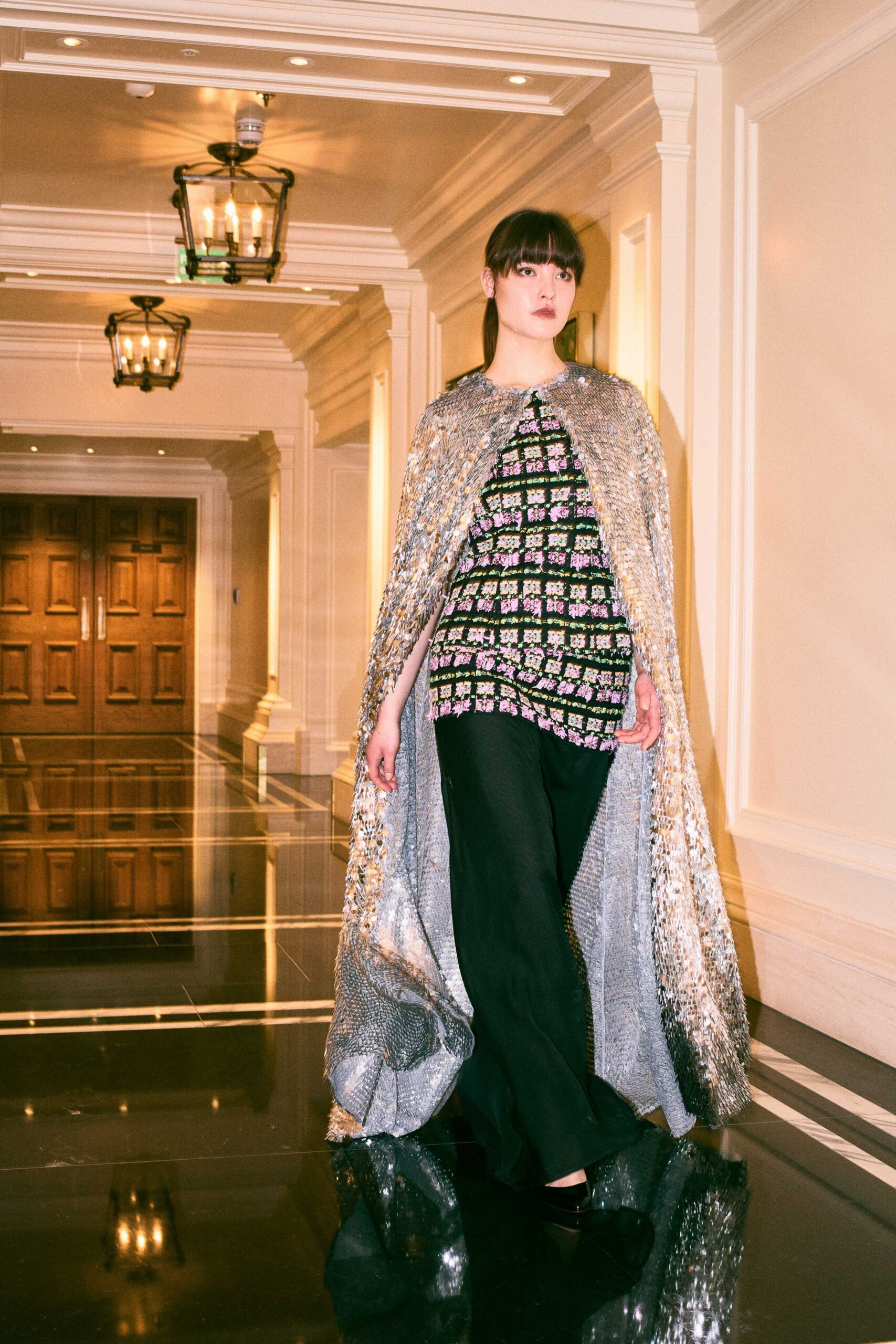 gray sequin relaxed shiny cape