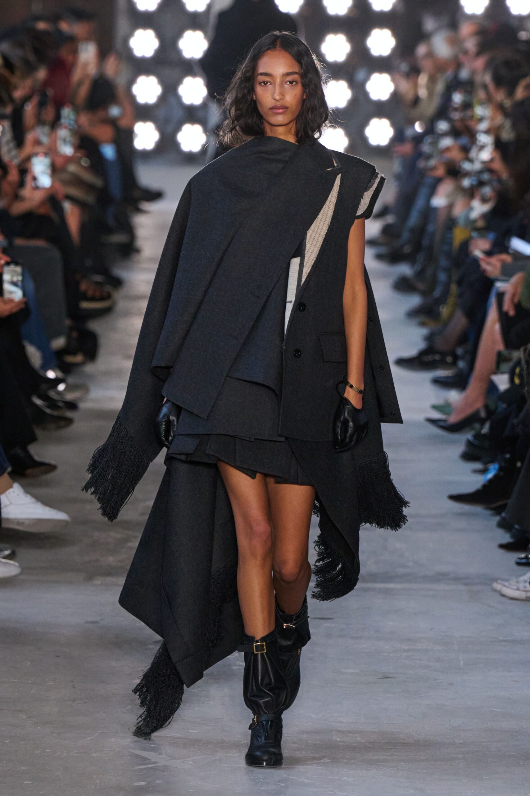 black wool cape and mini dress