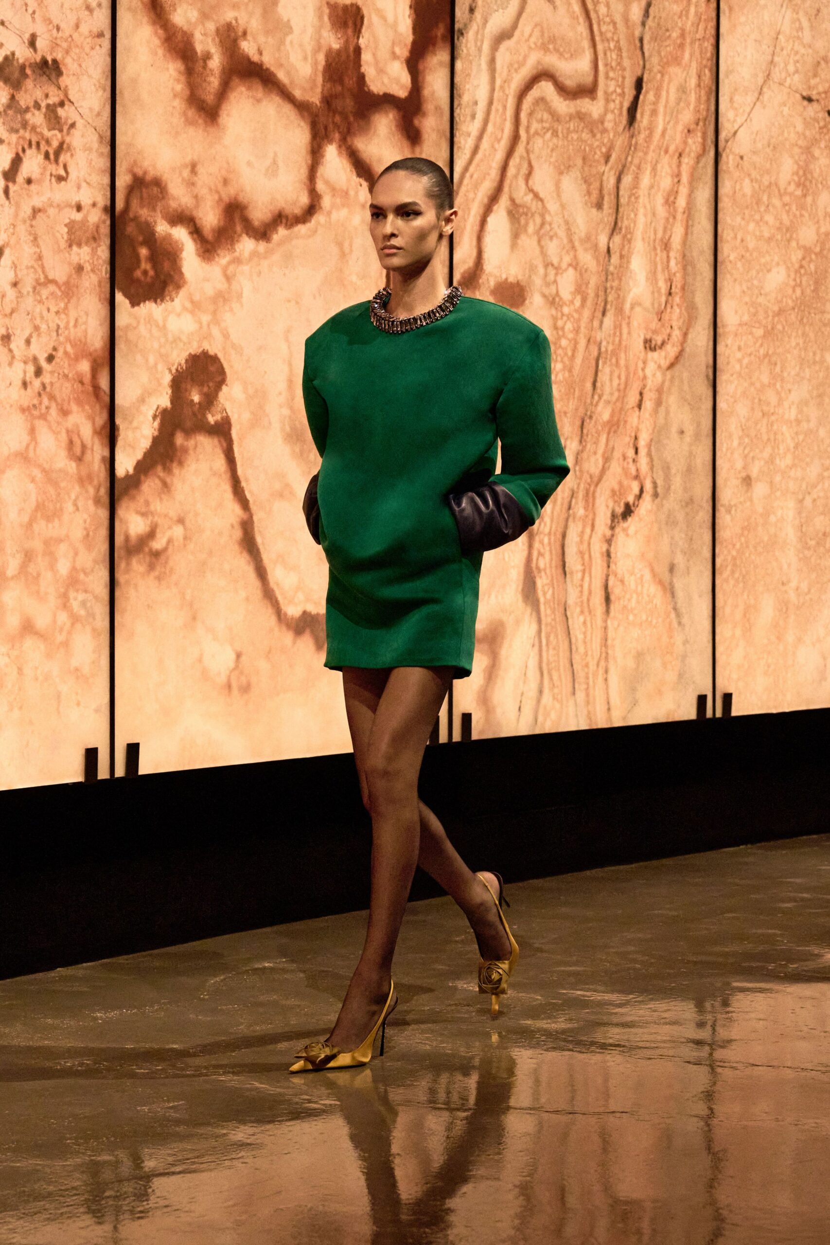 green wool long-sleeve high-neck fitted structured mini dress