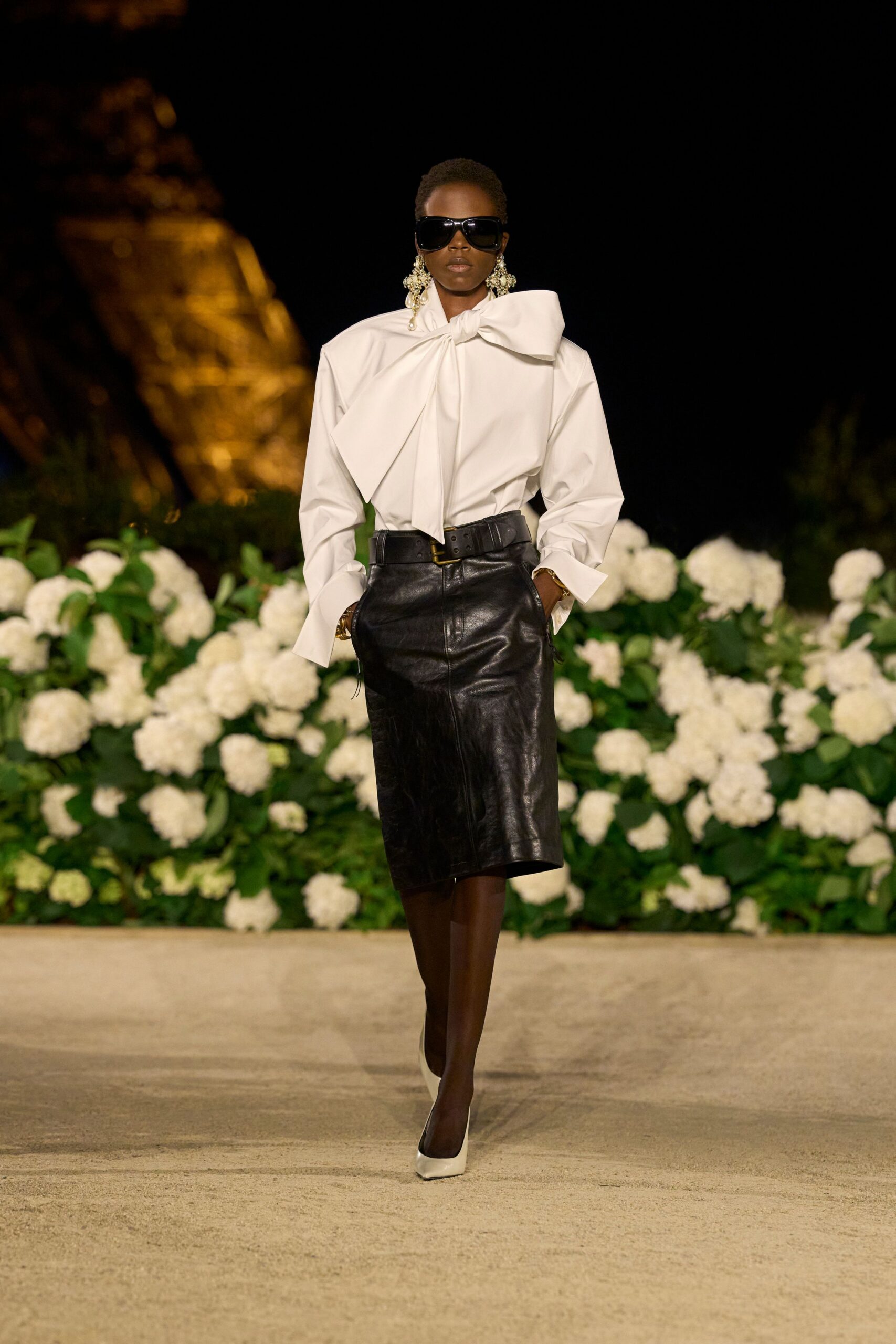 white fitted shirt black leather skirt