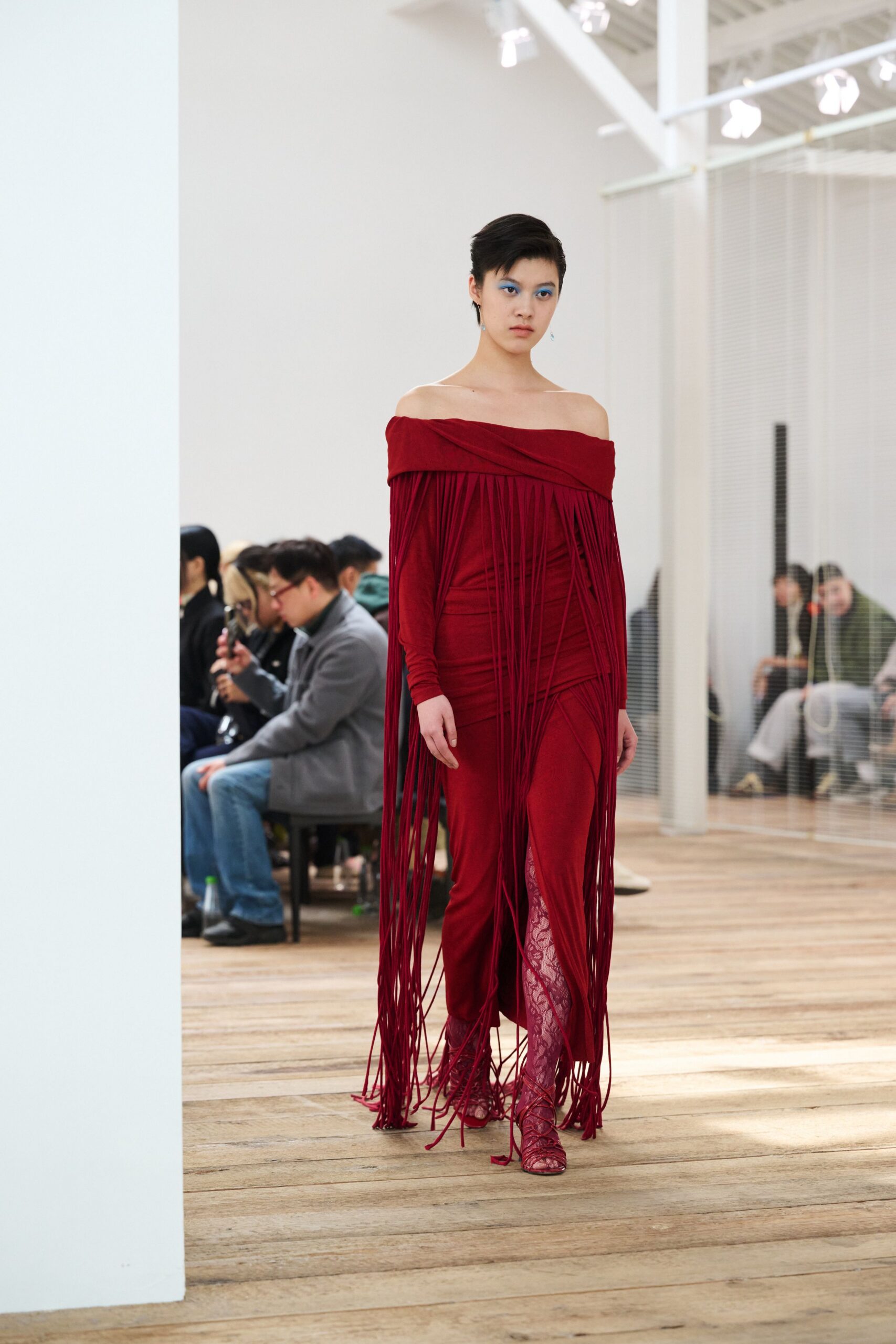 red silk off-shoulder fitted fringed maxi gown