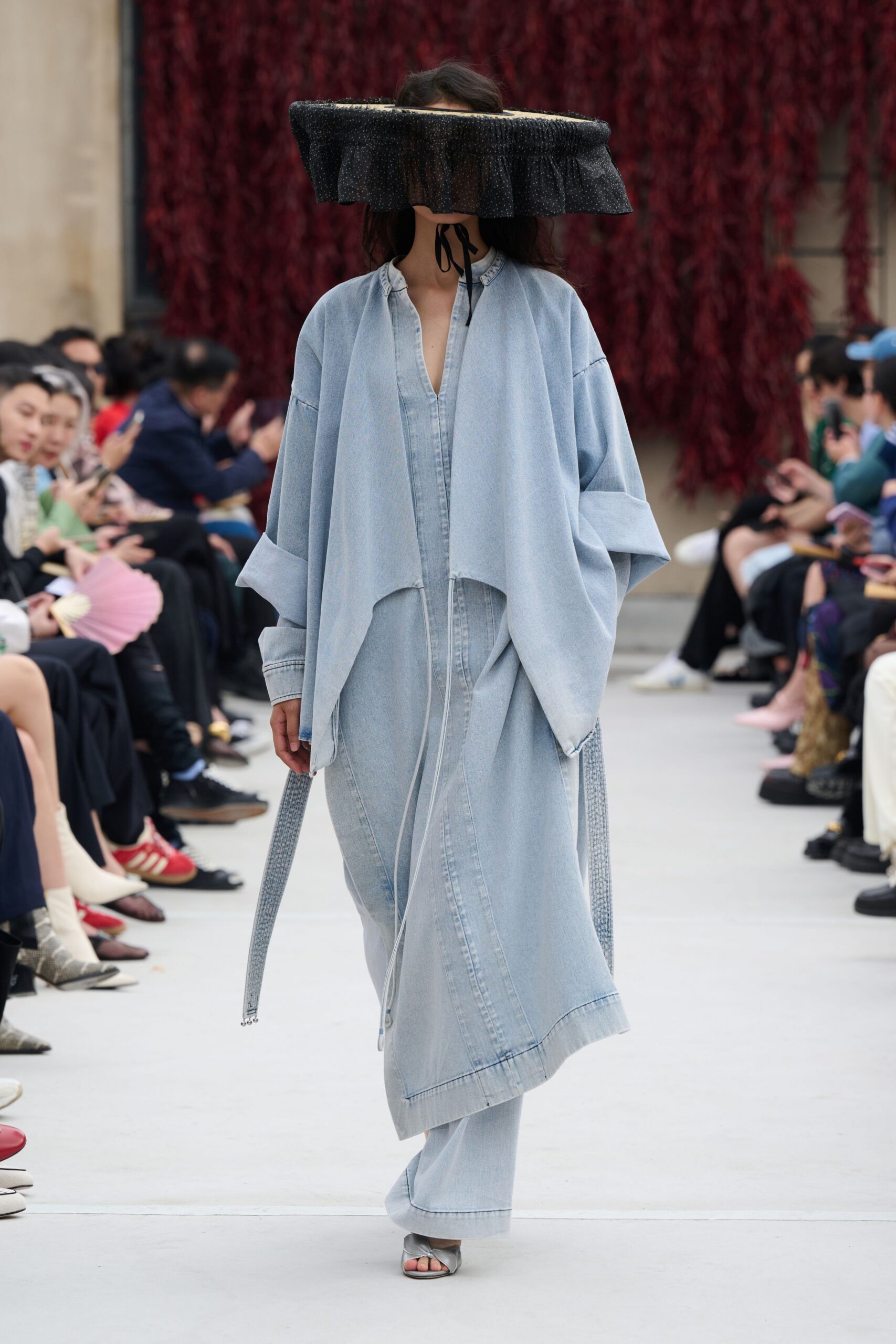 blue denim long-sleeve collared relaxed zippered midi dress