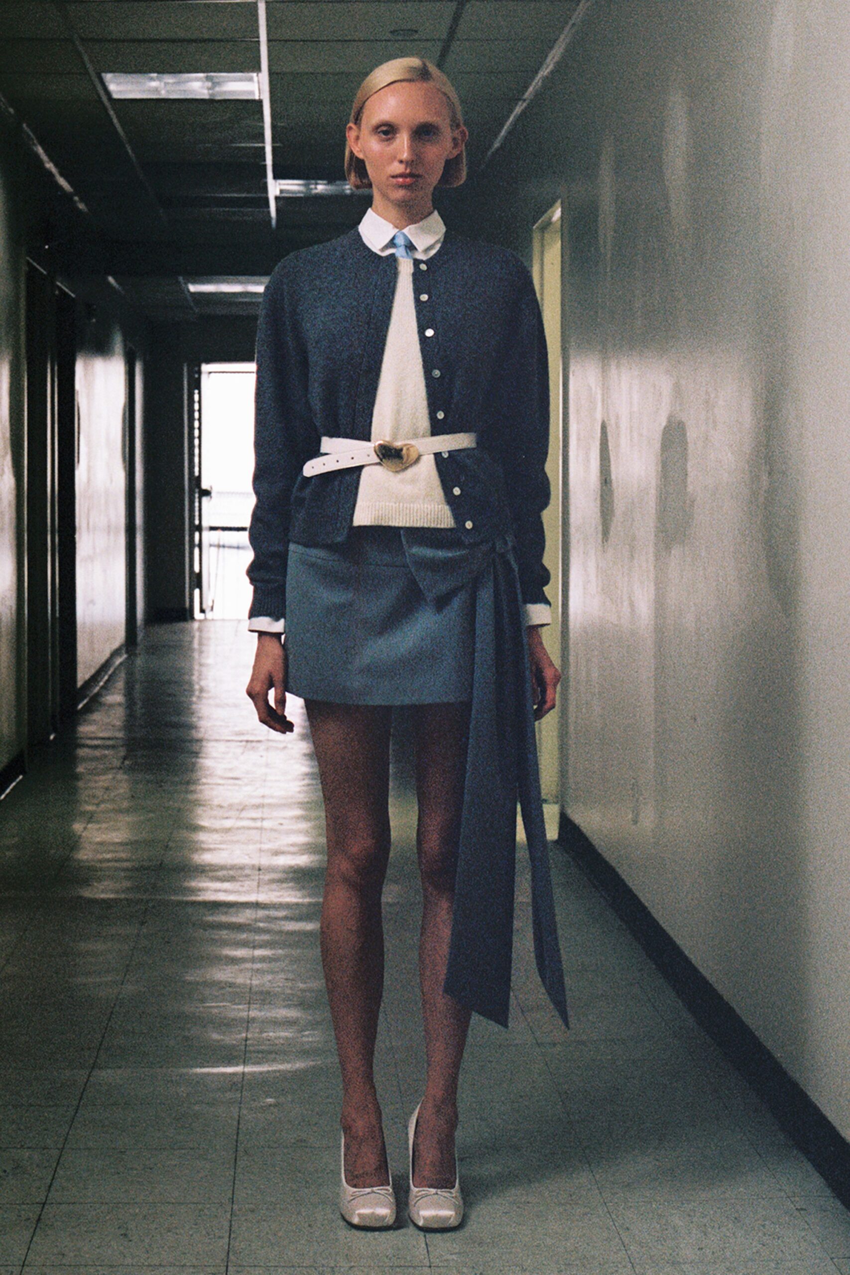 blue cotton asymmetric fitted mini skirt