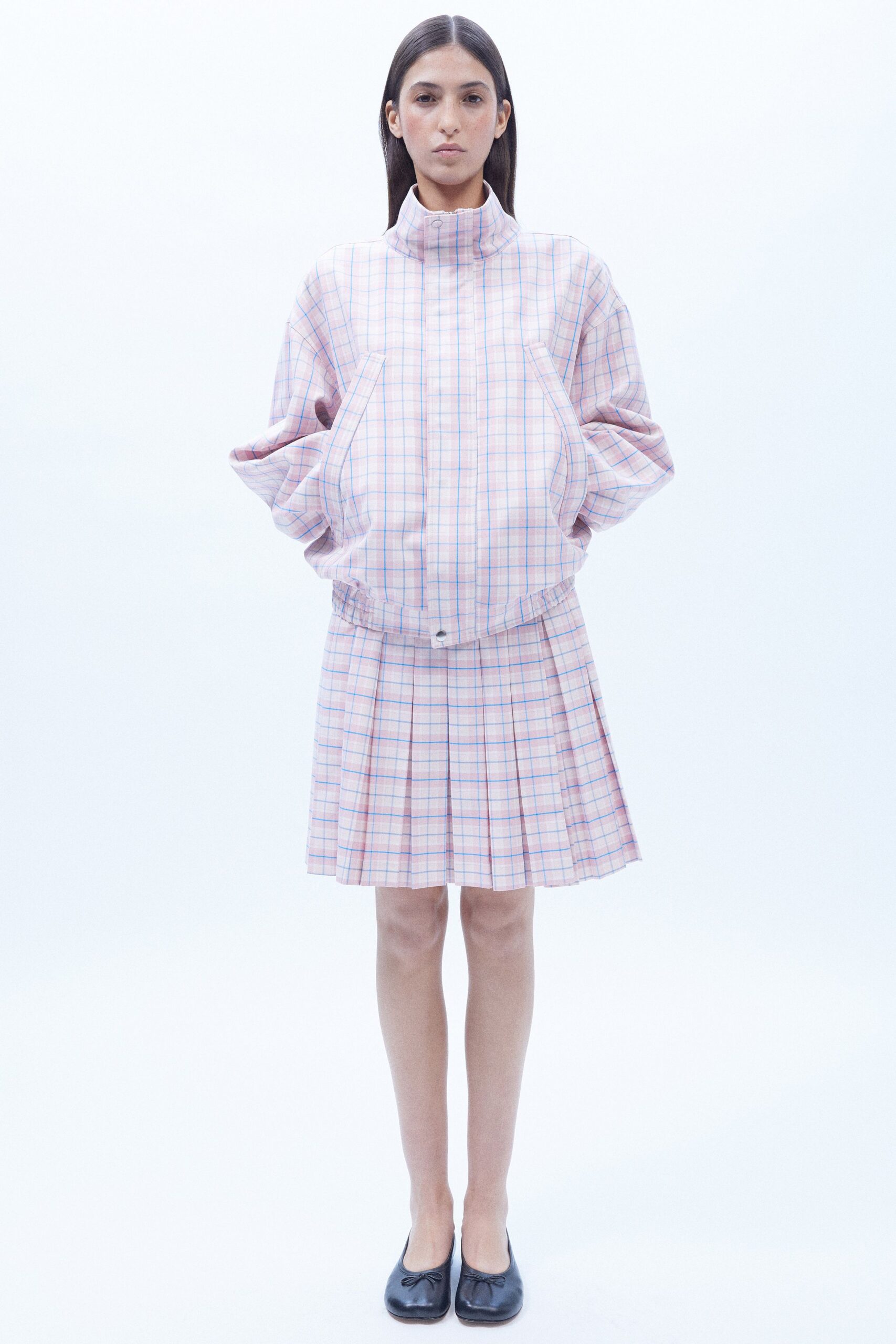 pink cotton long-sleeve collared oversized checked jacket