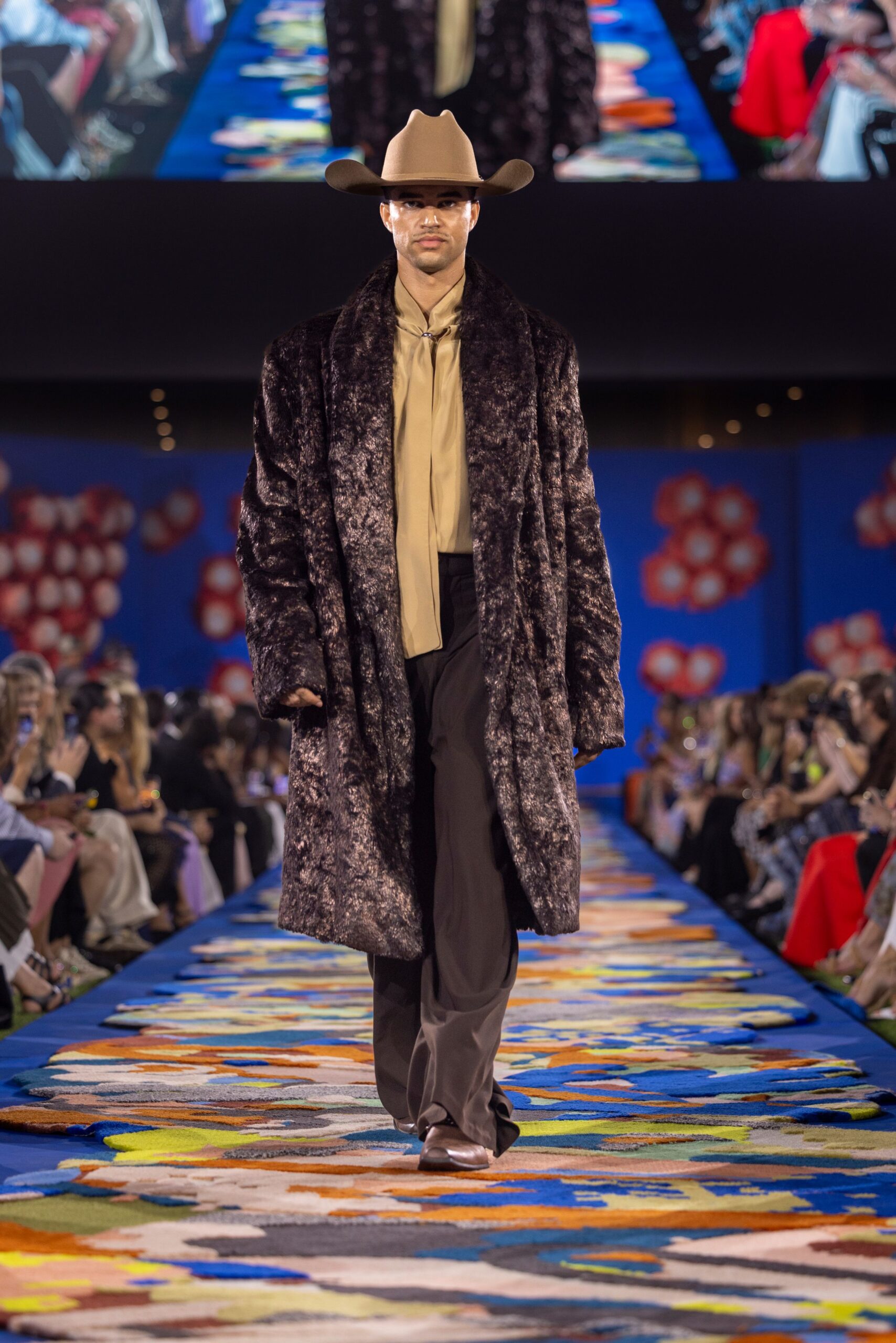 brown fur coat with beige shirt