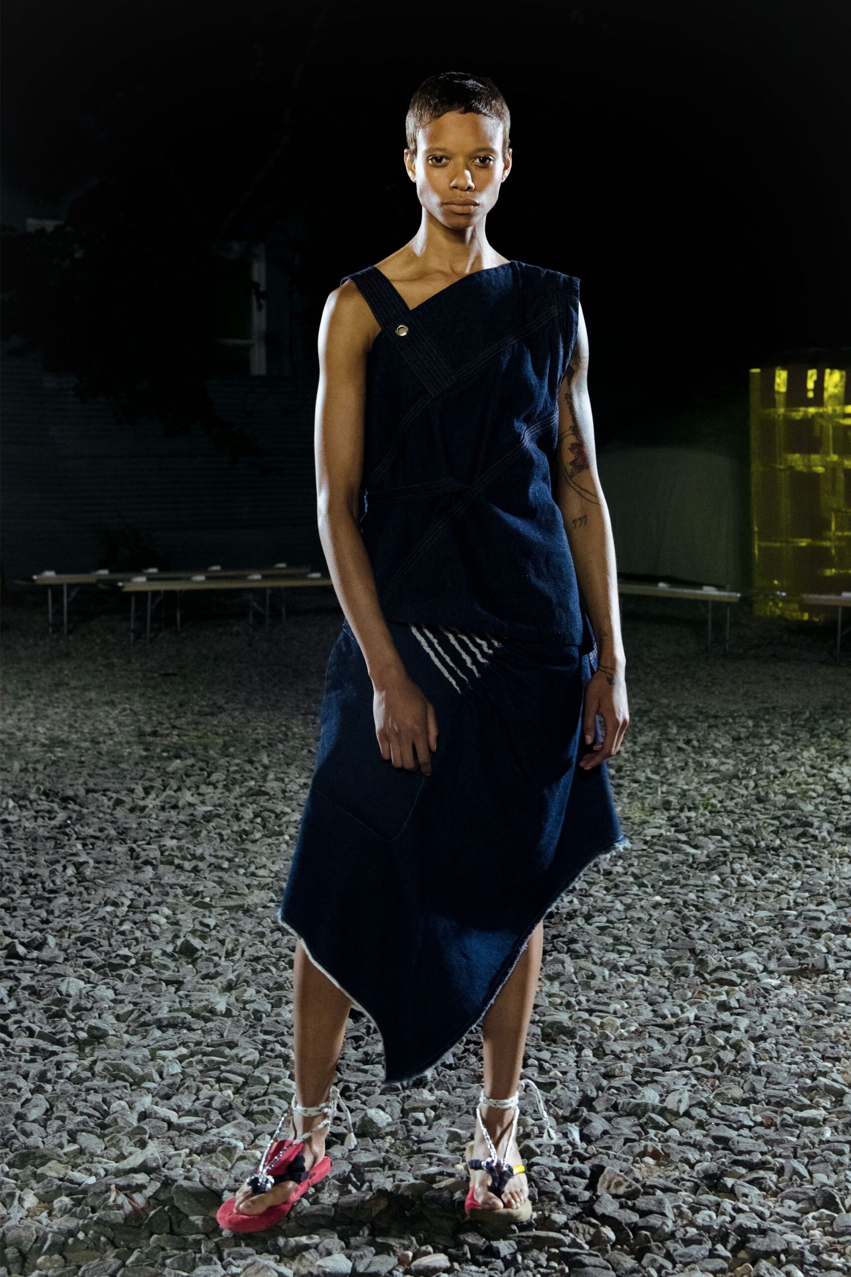 blue denim sleeveless asymmetric fitted draped midi dress
