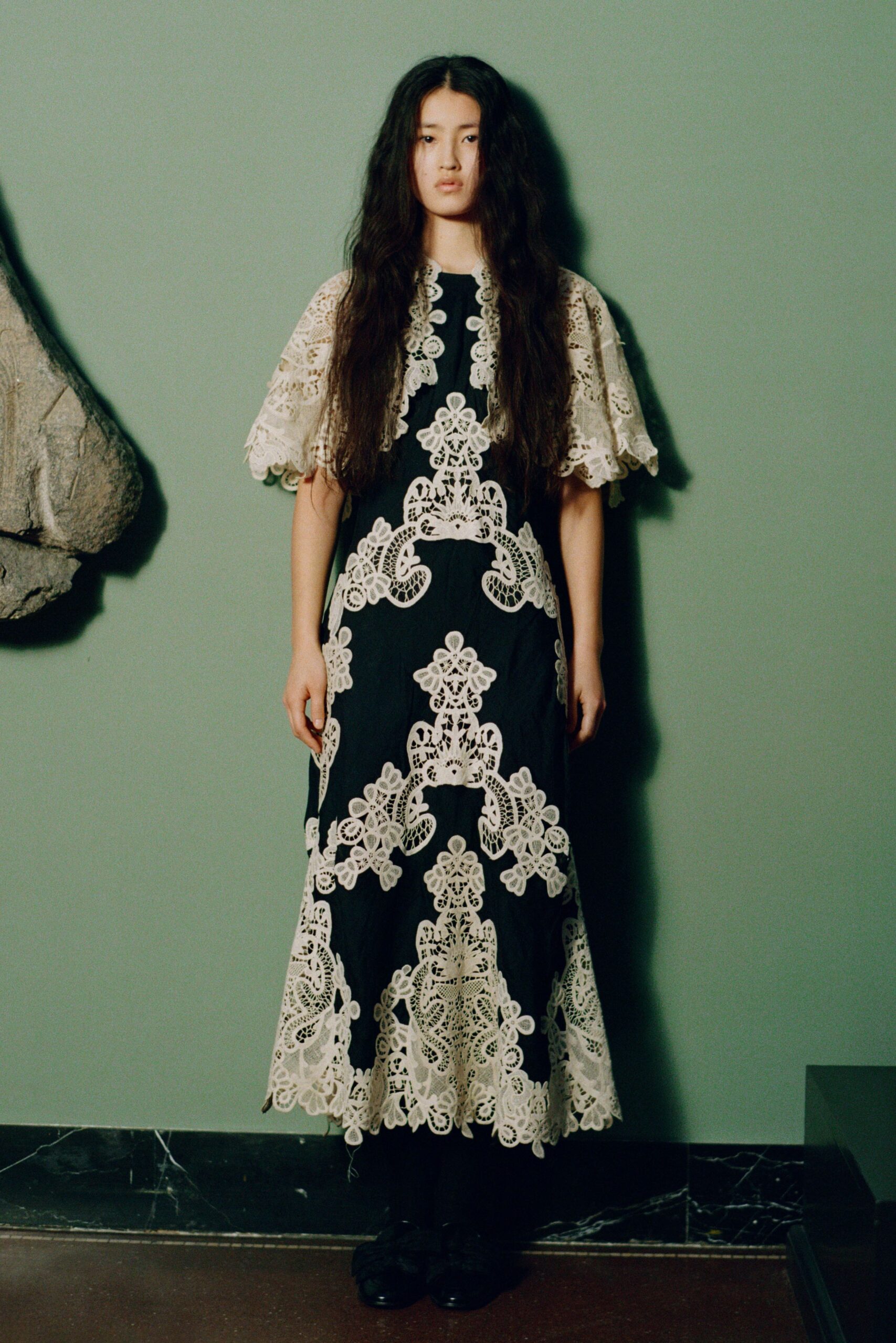 black and white embroidered midi dress