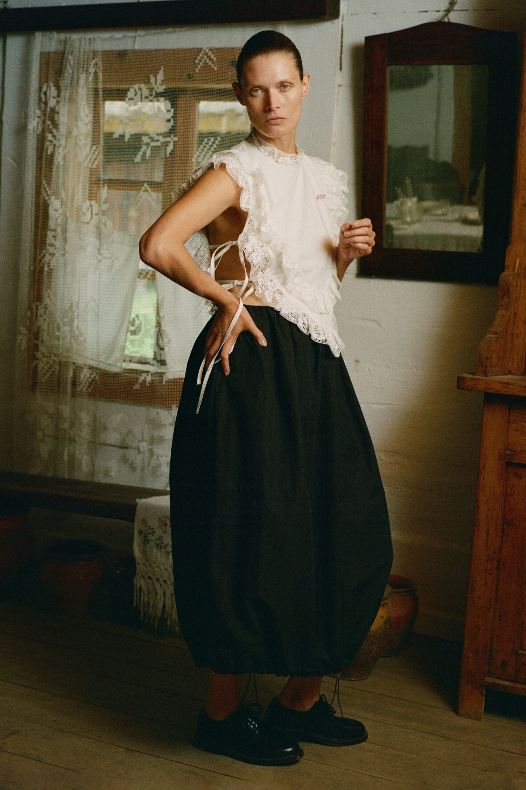 white fitted top black skirt