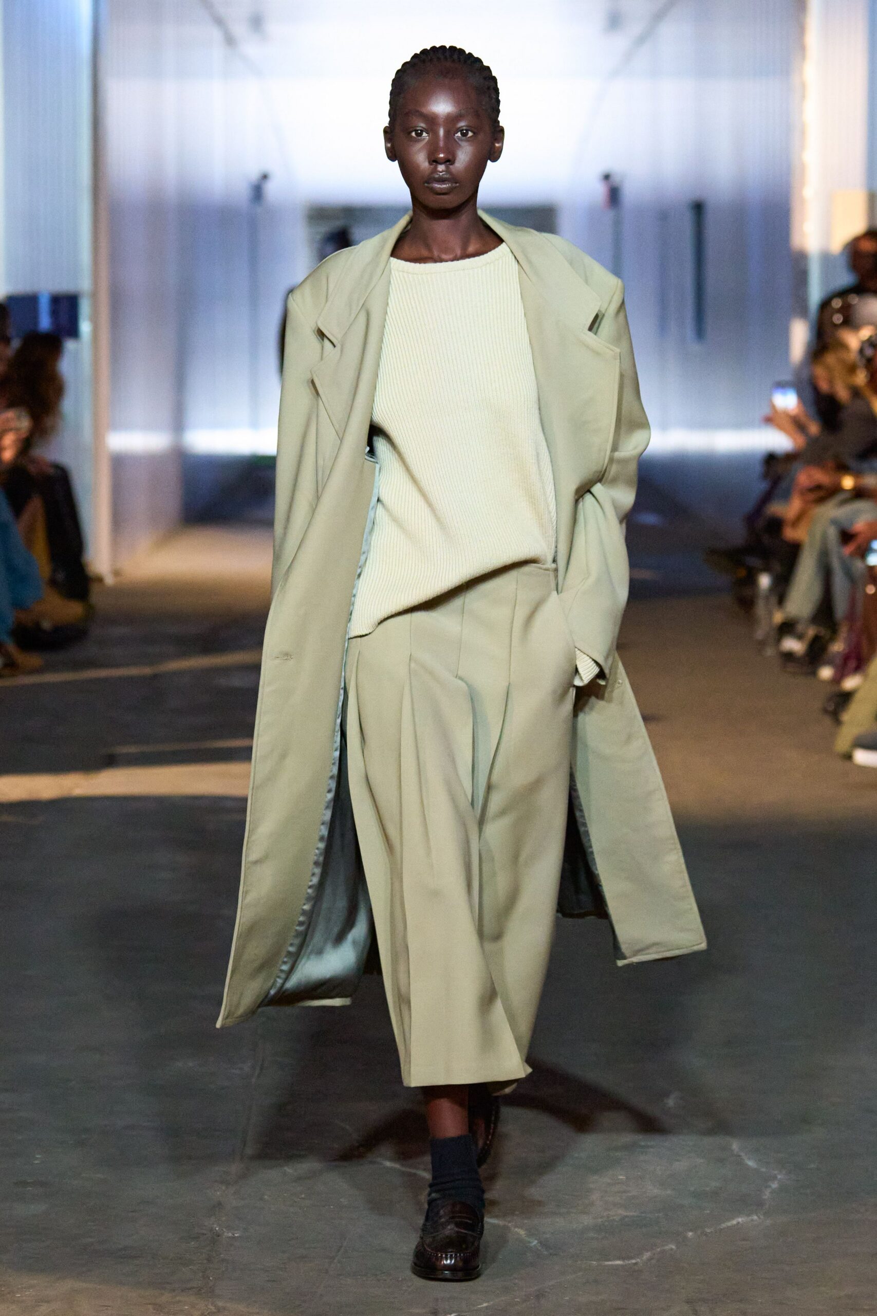beige coat with light green top