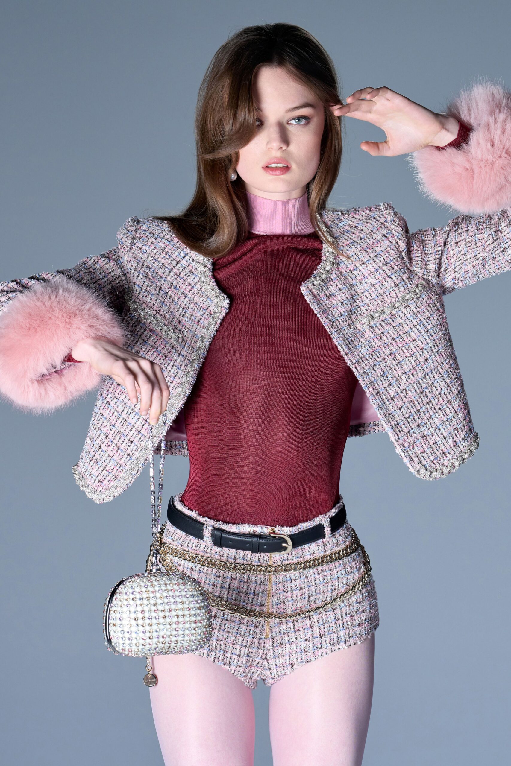 pink tweed long-sleeve collared structured buttoned jacket