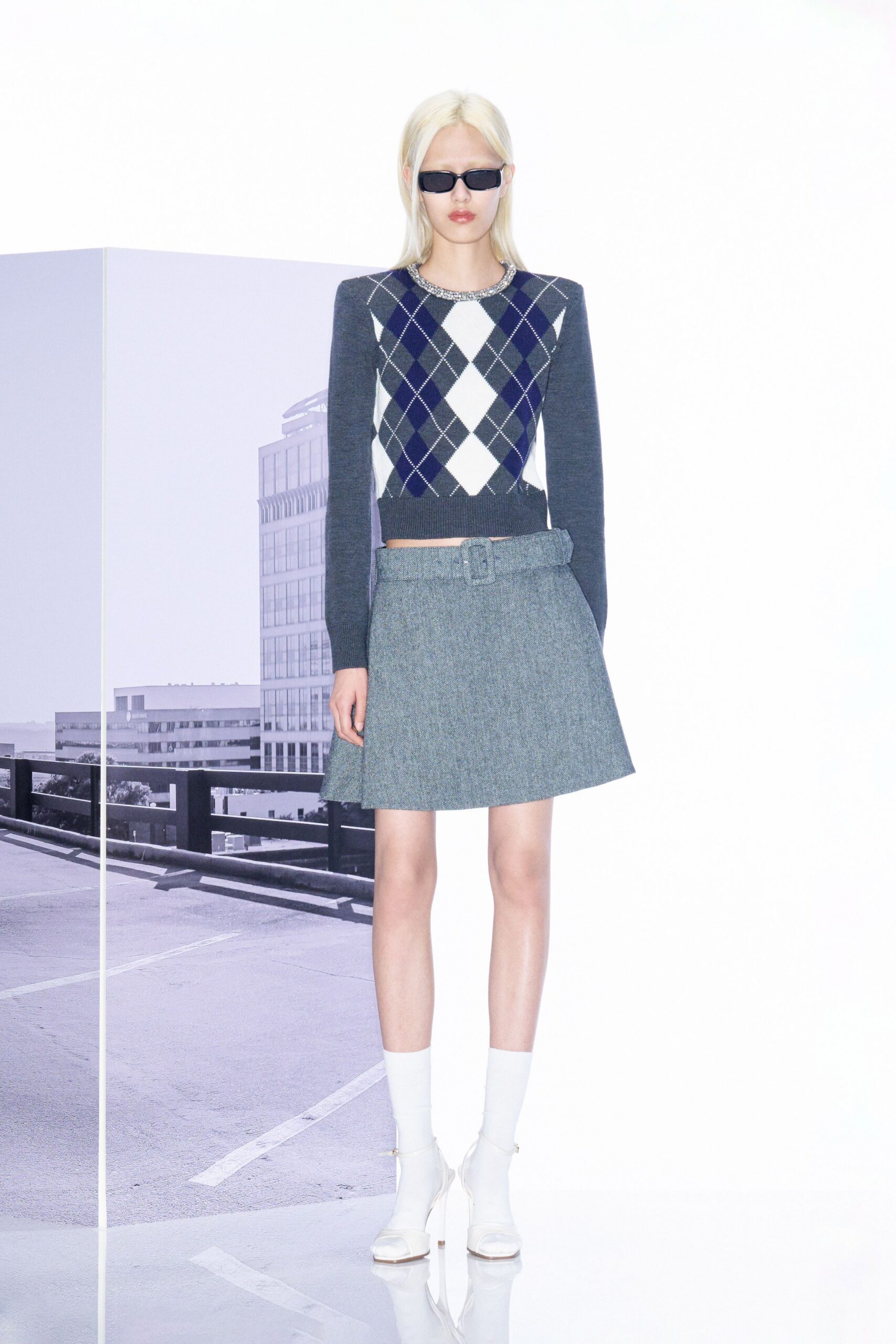 gray cotton structured pleated mini skirt