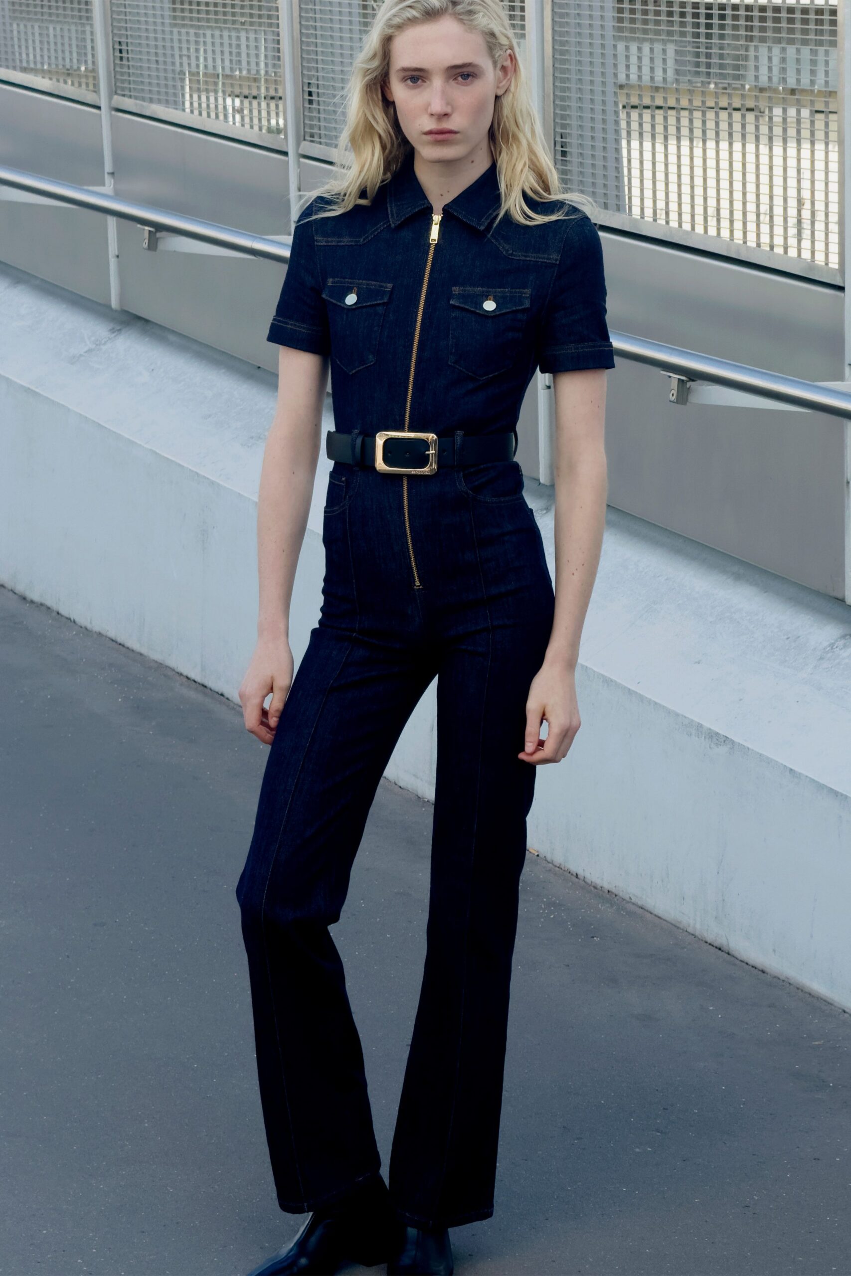 blue denim short-sleeve collared fitted zippered straight-leg jumpsuit