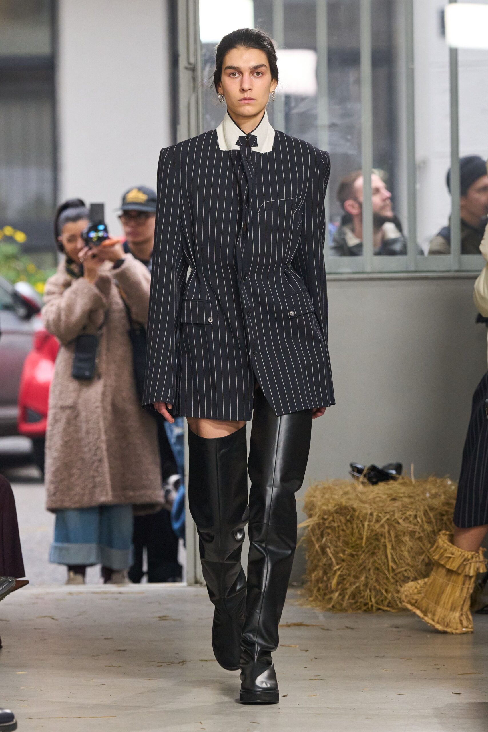 black striped tailored blazer with leather pants