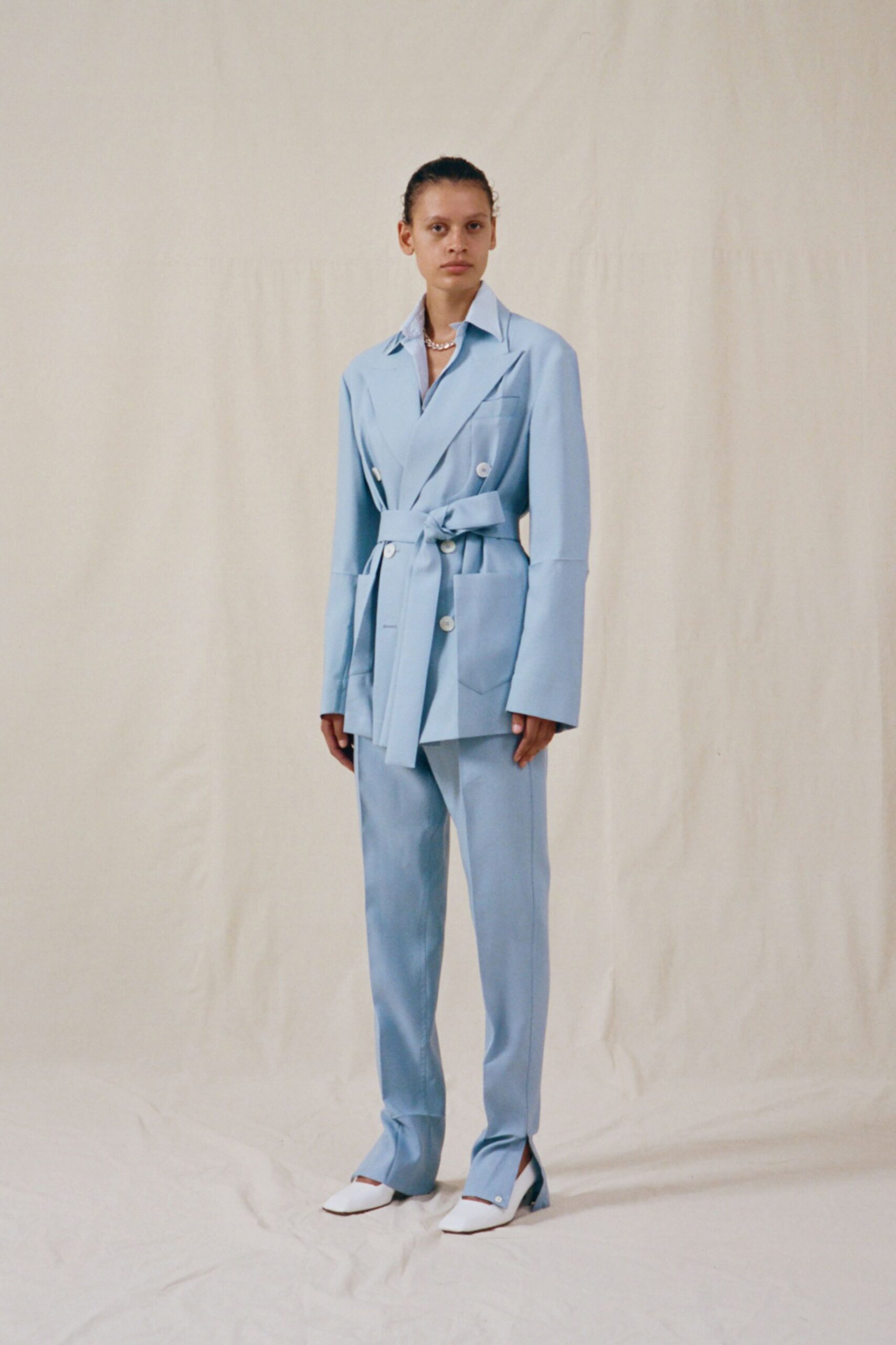 blue tailored blazer and pants