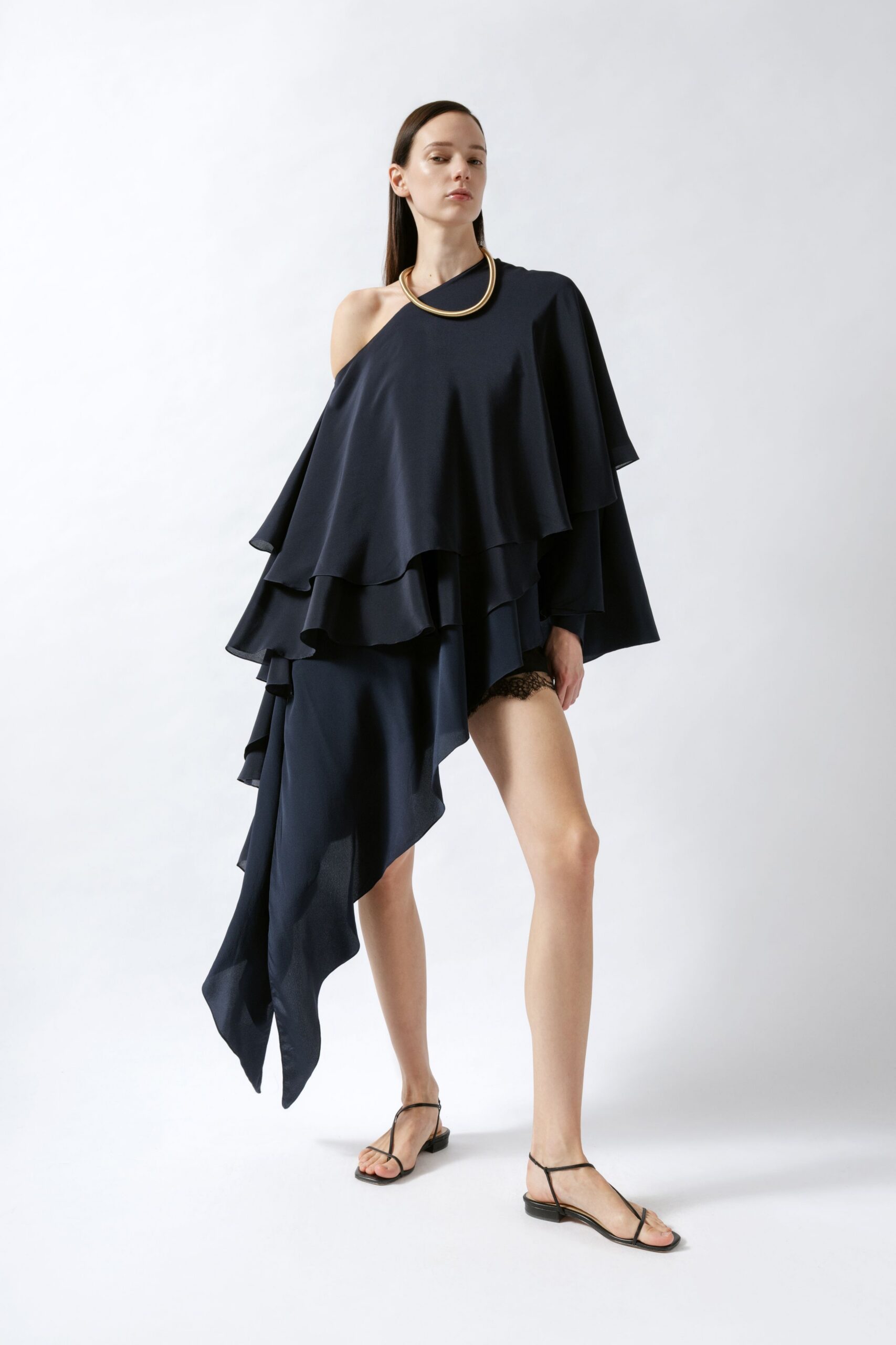 blue cotton asymmetric sleeveless relaxed layered short dress