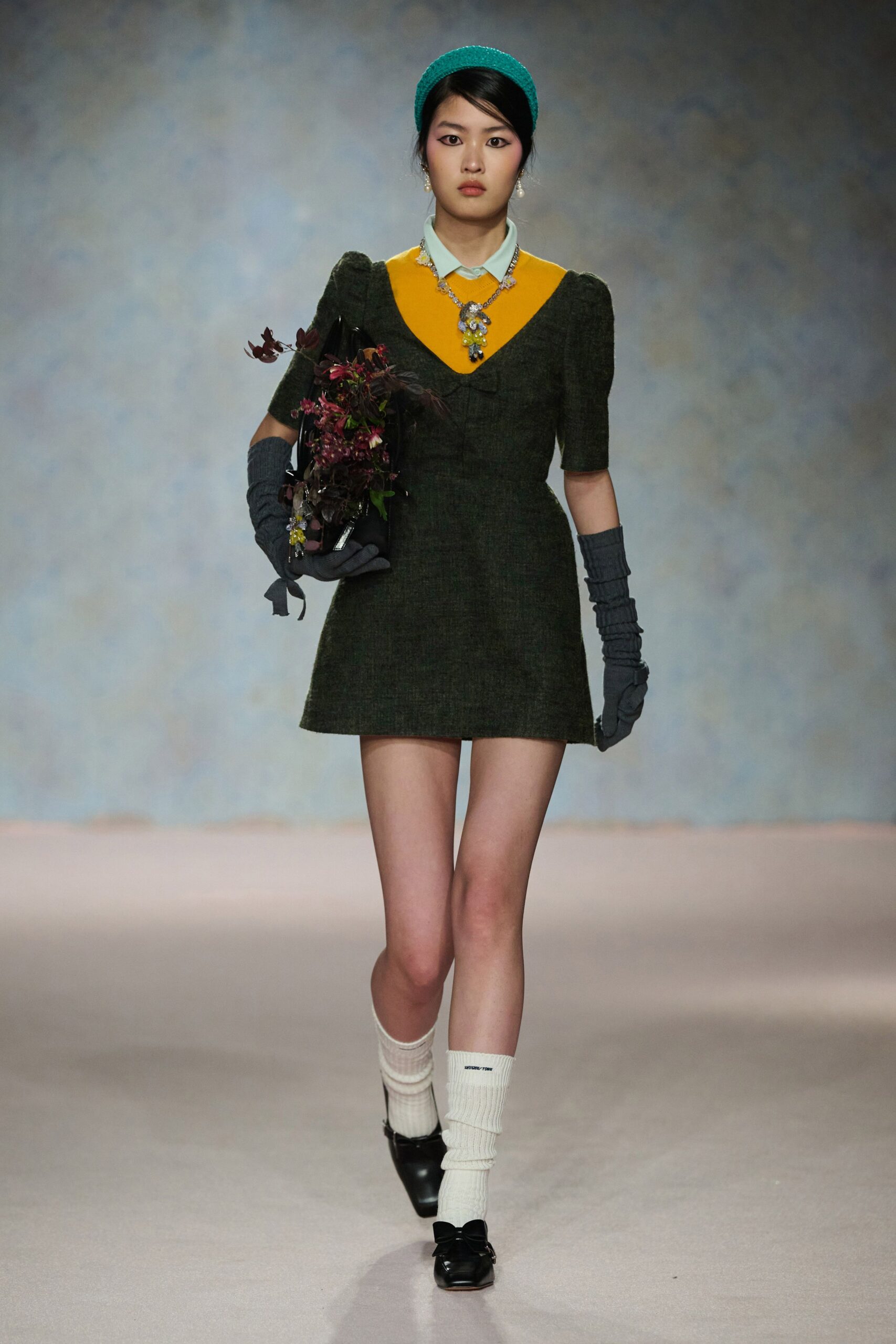 green tweed short-sleeve collared fitted a-line mini dress