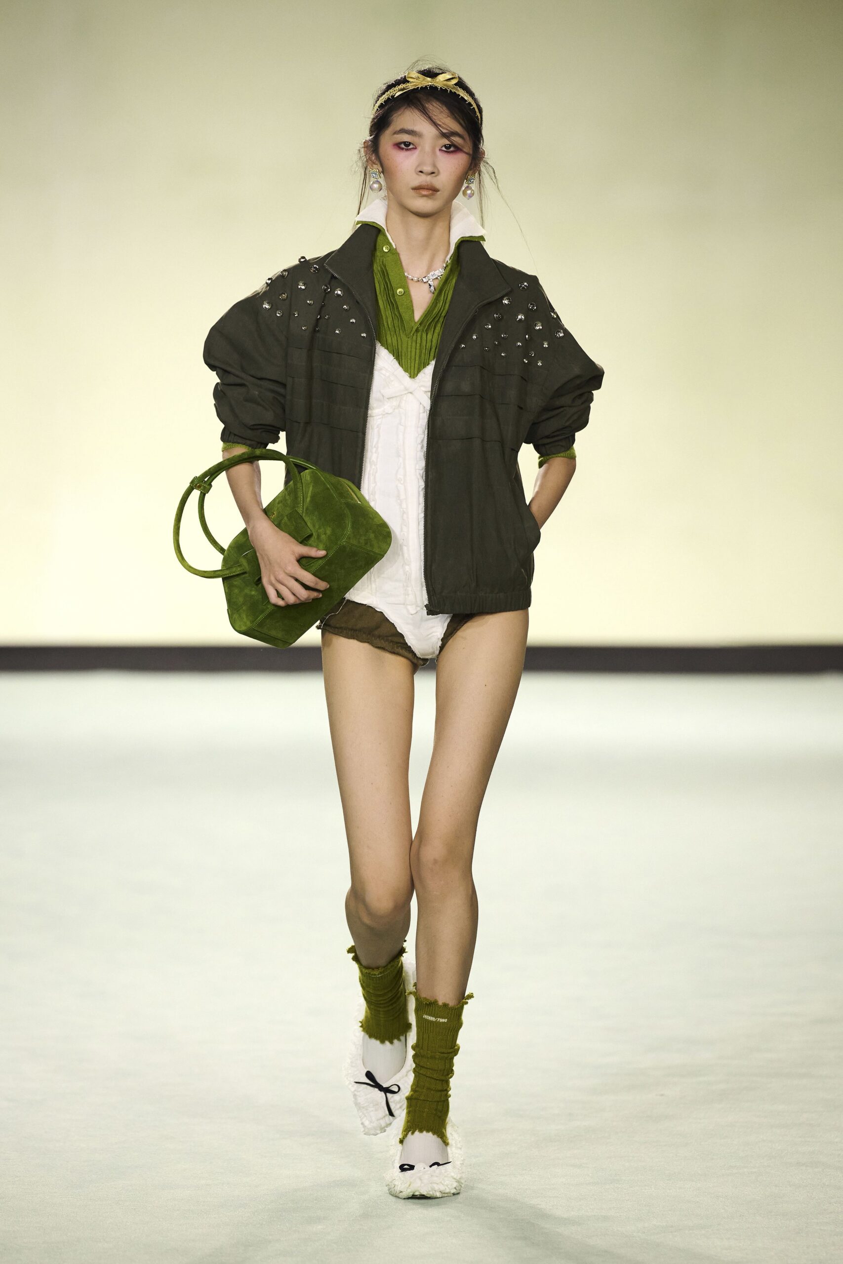 green cotton long-sleeve collared relaxed buttoned embellished jacket