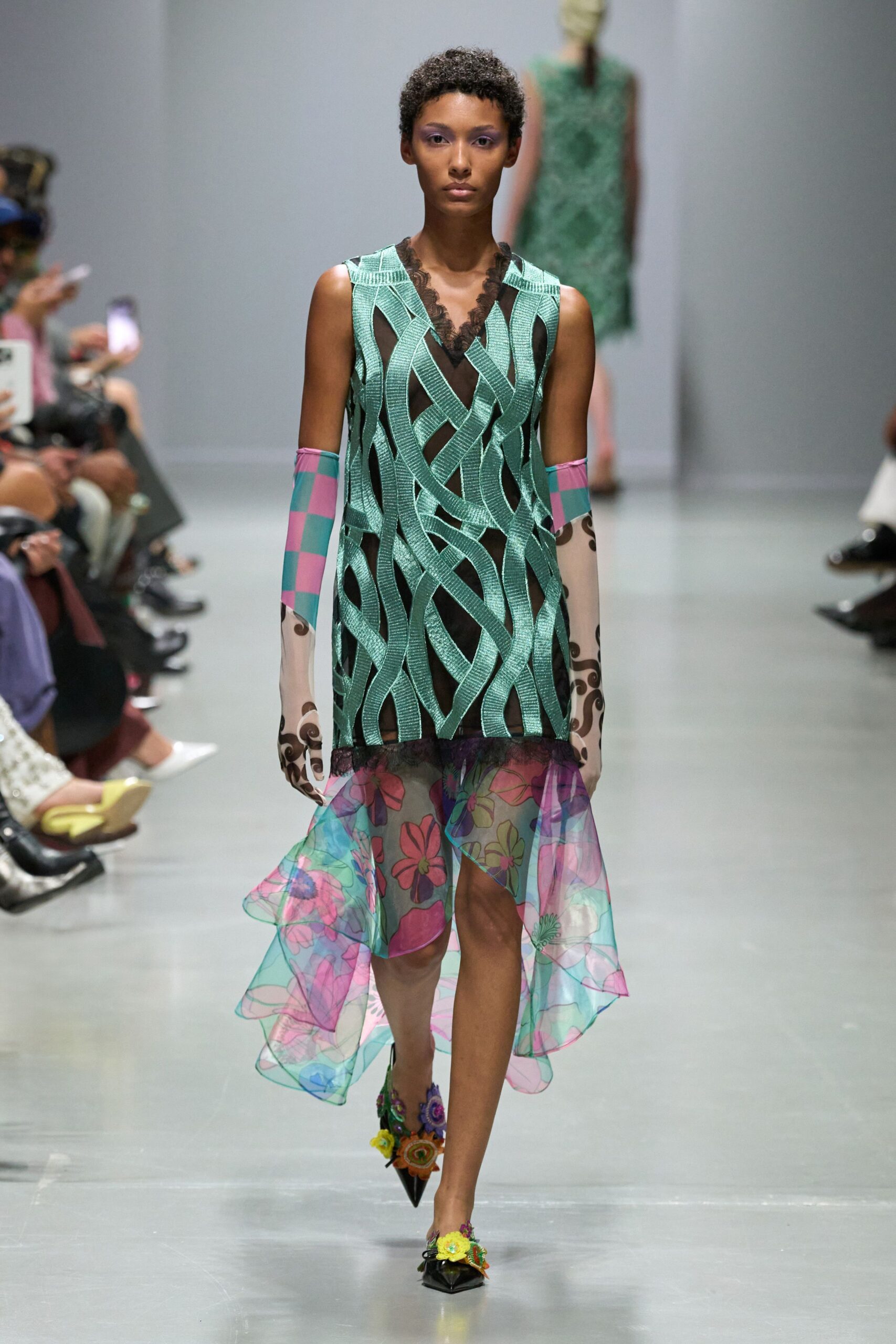 green silk sleeveless v-neck fitted layered flared dress
