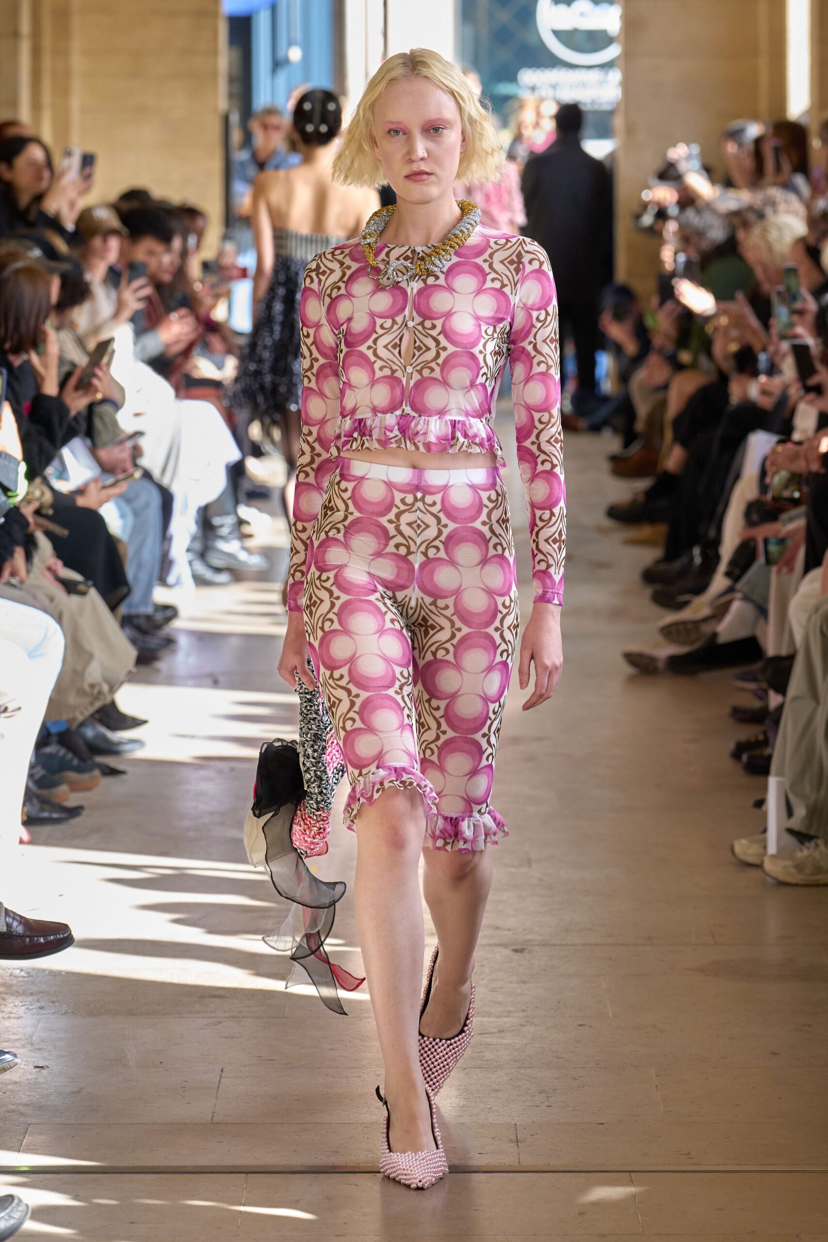 pink silk long-sleeve v-neck fitted ruffled printed dress